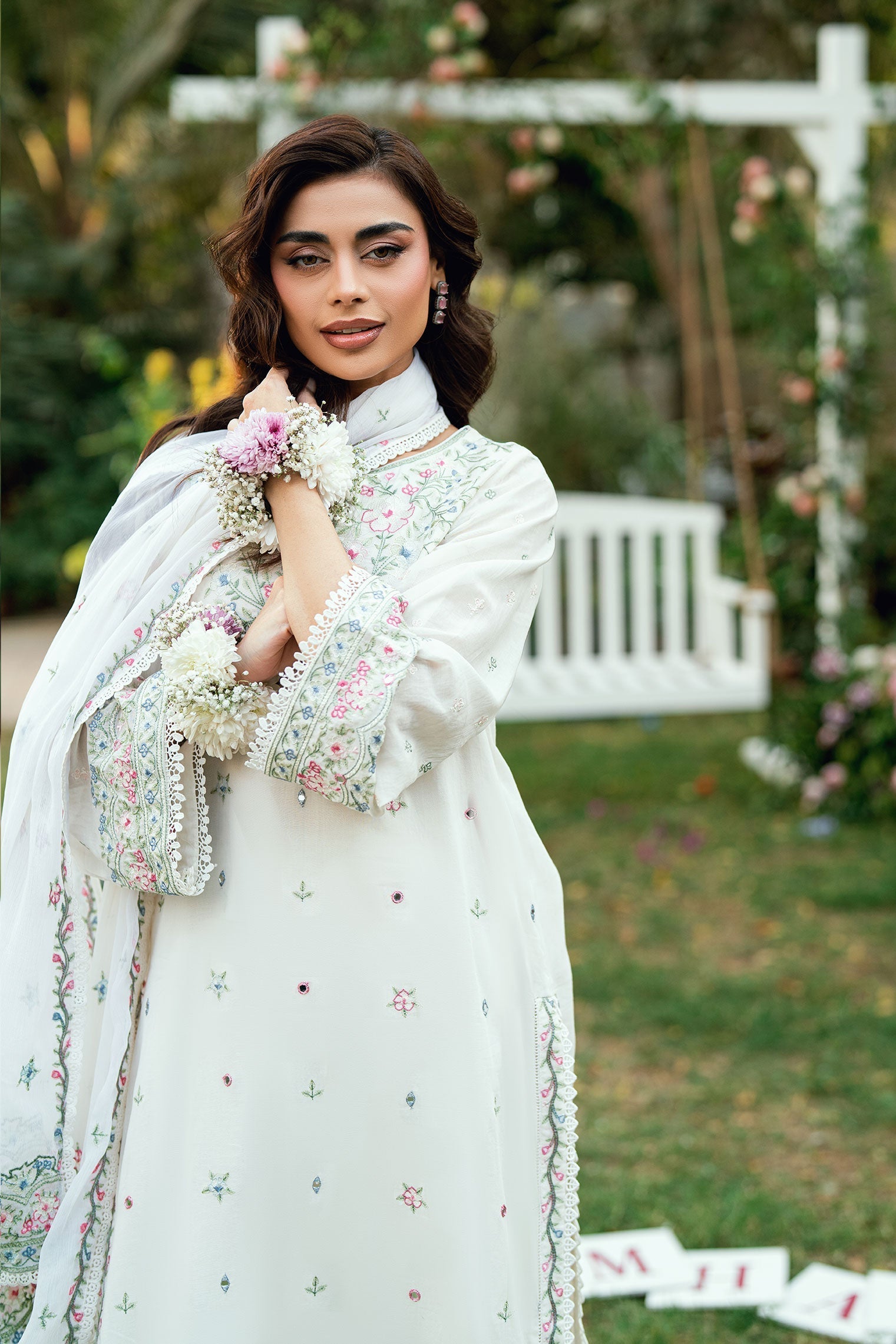 Dhanak | SWISS VOILE | OFF WHITE SWISS VOILE 2PCS EMBROIDERED KURTA WITH TROUSER - House Of Hania