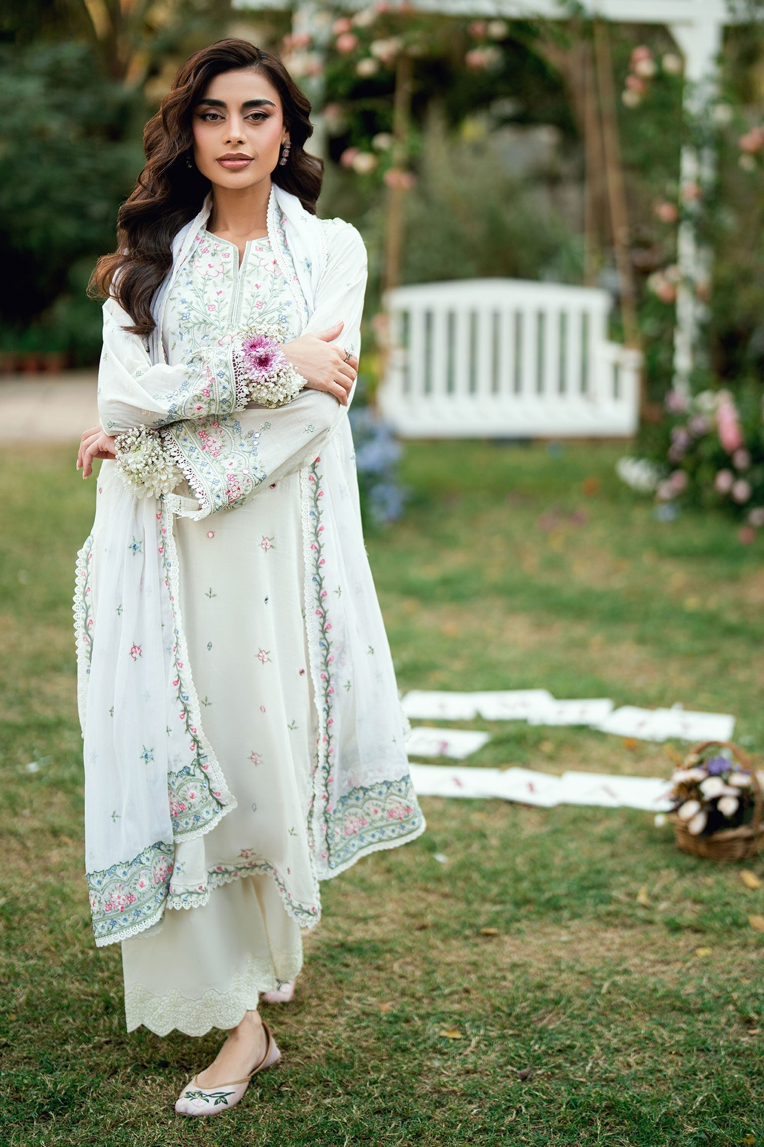 Dhanak | SWISS VOILE | OFF WHITE SWISS VOILE 2PCS EMBROIDERED KURTA WITH TROUSER - House Of Hania