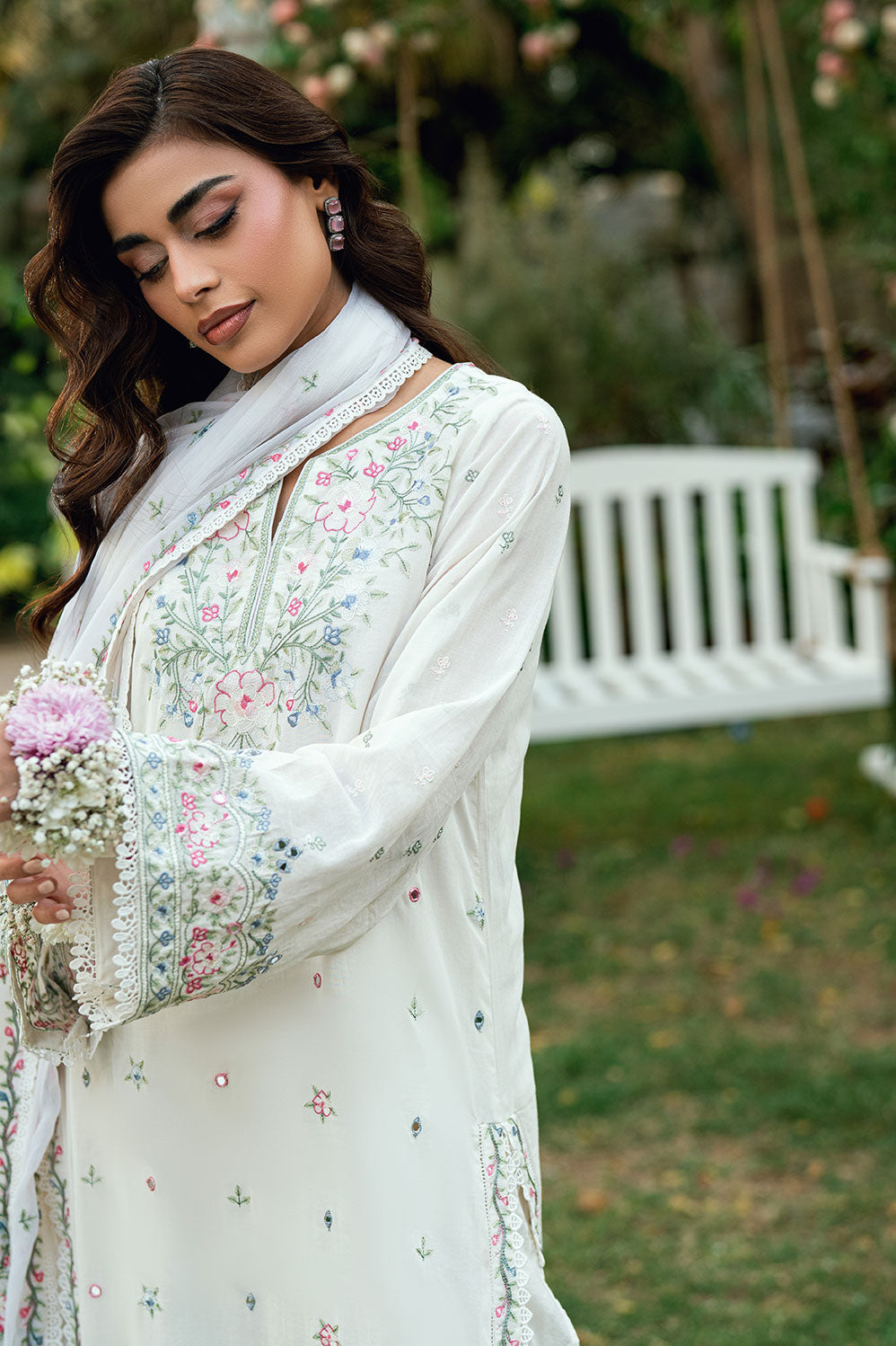 Dhanak | SWISS VOILE | OFF WHITE SWISS VOILE 2PCS EMBROIDERED KURTA WITH TROUSER - House Of Hania
