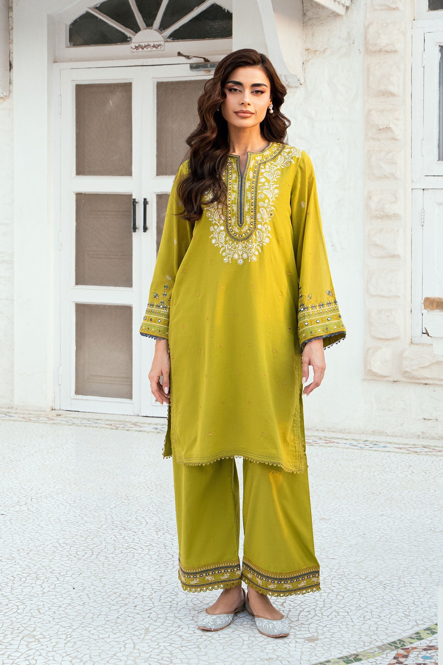Dhanak | SWISS VOILE | OLIVE GREEN SWISS VOILE 2PCS EMBROIDERED KURTA WITH TROUSER - House Of Hania