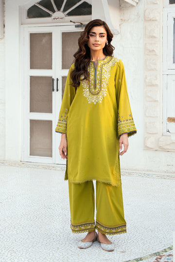 Dhanak | SWISS VOILE | OLIVE GREEN SWISS VOILE 2PCS EMBROIDERED KURTA WITH TROUSER - House Of Hania