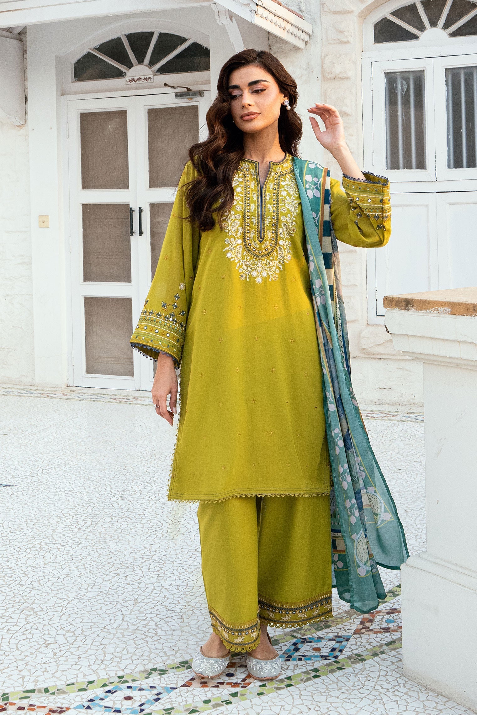 Dhanak | SWISS VOILE | OLIVE GREEN SWISS VOILE 2PCS EMBROIDERED KURTA WITH TROUSER - House Of Hania