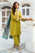 Dhanak | SWISS VOILE | OLIVE GREEN SWISS VOILE 2PCS EMBROIDERED KURTA WITH TROUSER - House Of Hania