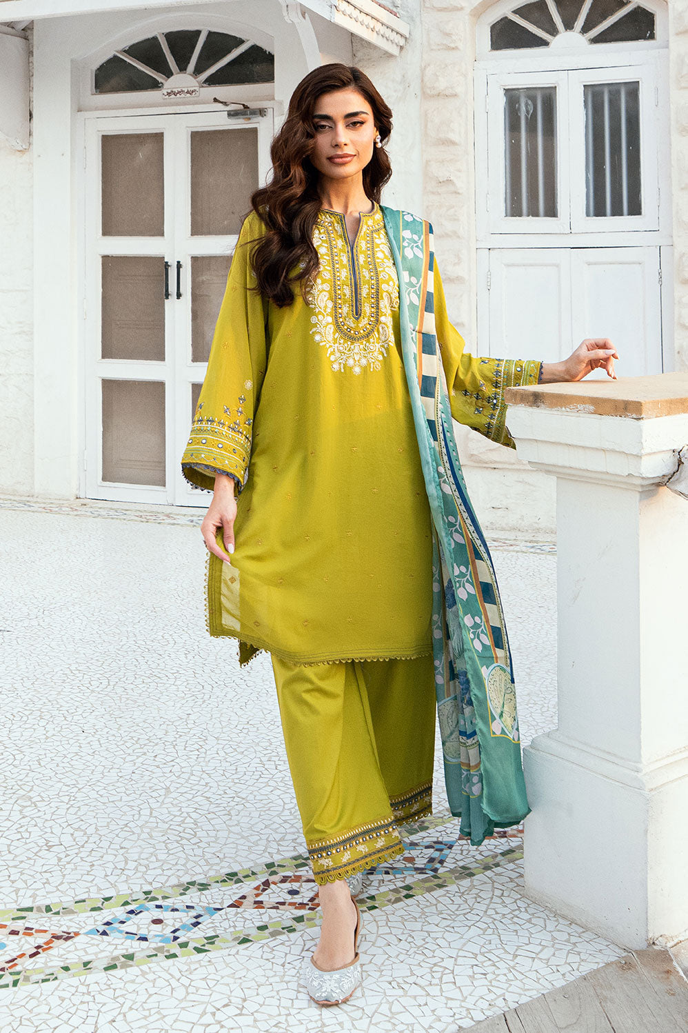 Dhanak | SWISS VOILE | OLIVE GREEN SWISS VOILE 2PCS EMBROIDERED KURTA WITH TROUSER - House Of Hania