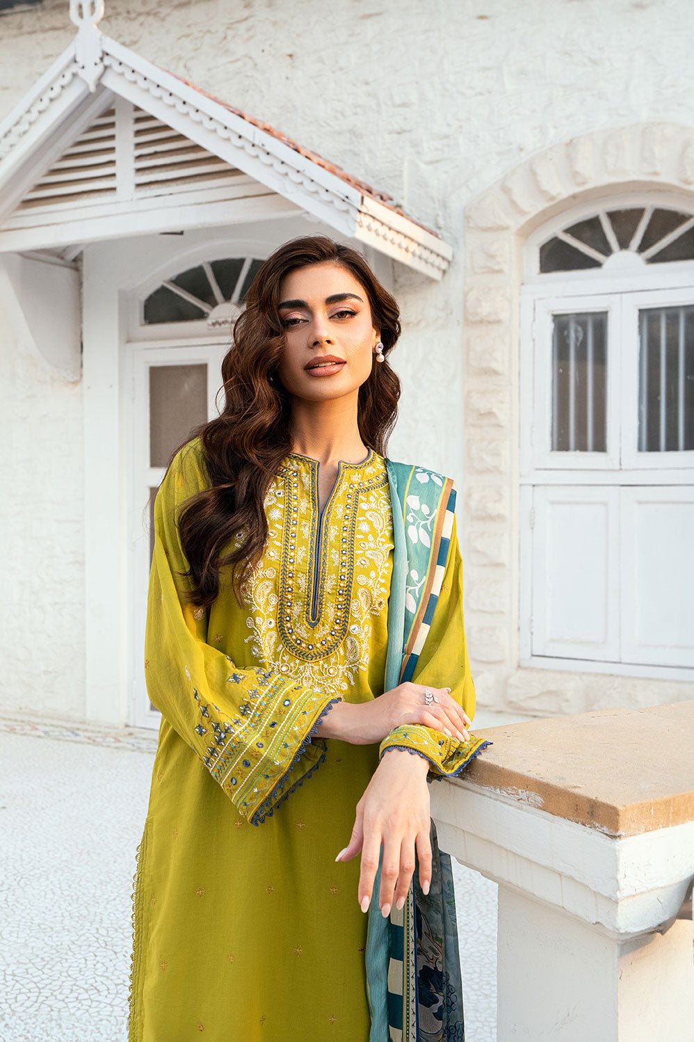 Dhanak | SWISS VOILE | OLIVE GREEN SWISS VOILE 2PCS EMBROIDERED KURTA WITH TROUSER - House Of Hania