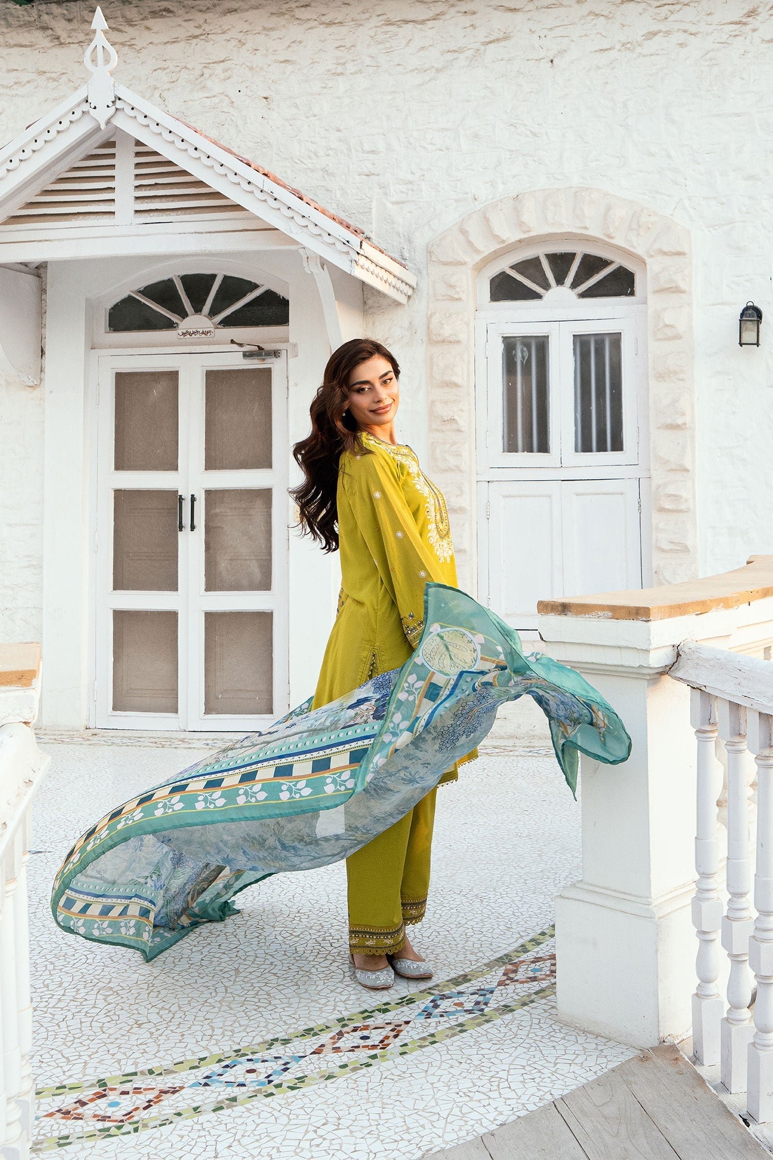 Dhanak | SWISS VOILE | OLIVE GREEN SWISS VOILE 2PCS EMBROIDERED KURTA WITH TROUSER - House Of Hania