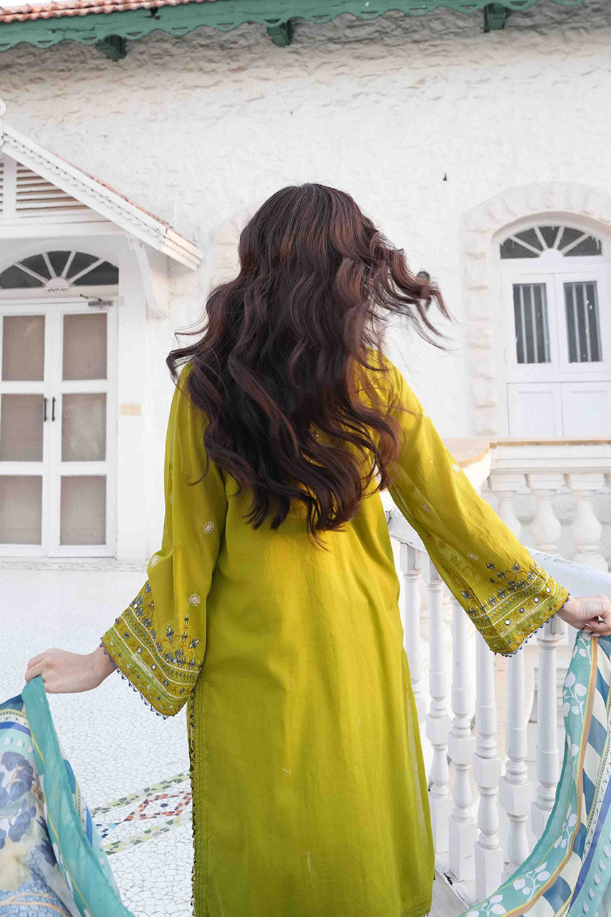Dhanak | SWISS VOILE | OLIVE GREEN SWISS VOILE 2PCS EMBROIDERED KURTA WITH TROUSER - House Of Hania