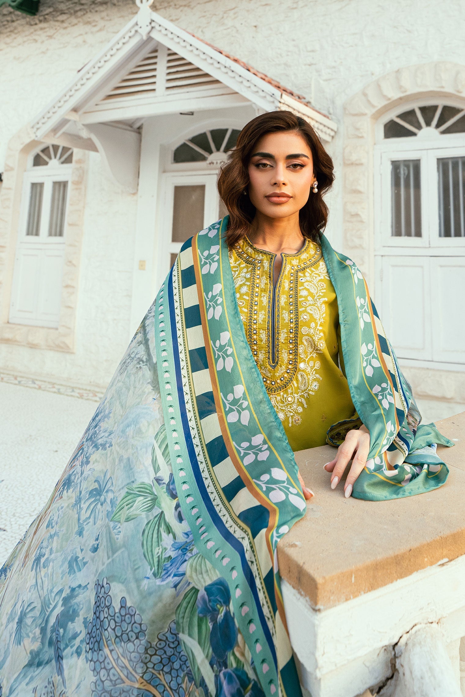 Dhanak | SWISS VOILE | OLIVE GREEN SWISS VOILE 2PCS EMBROIDERED KURTA WITH TROUSER - House Of Hania