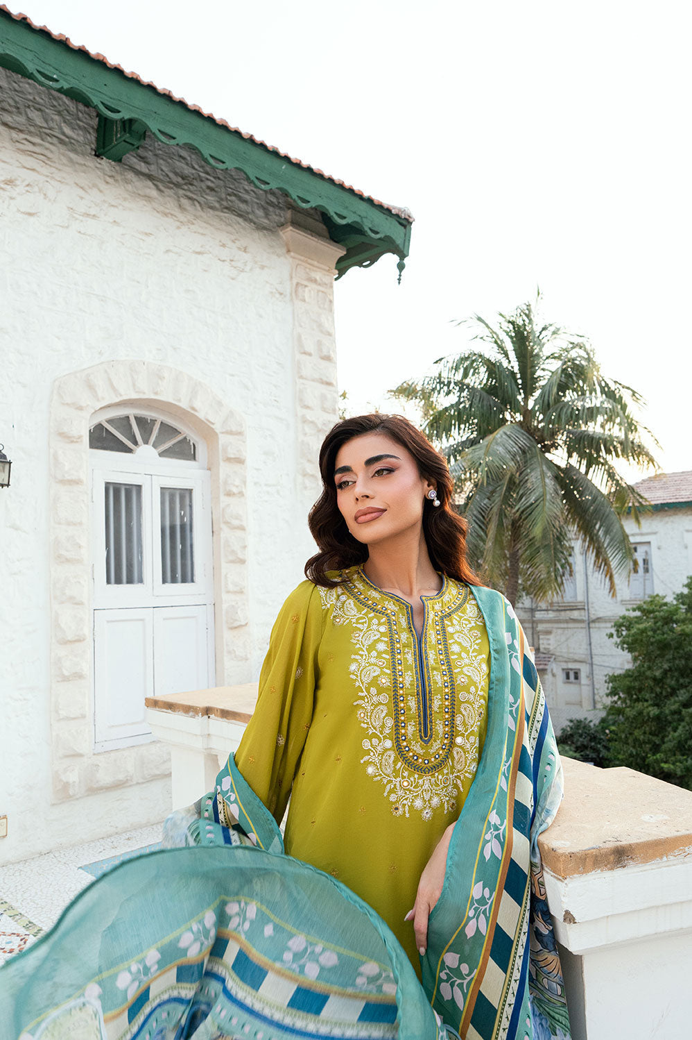 Dhanak | SWISS VOILE | OLIVE GREEN SWISS VOILE 2PCS EMBROIDERED KURTA WITH TROUSER - House Of Hania