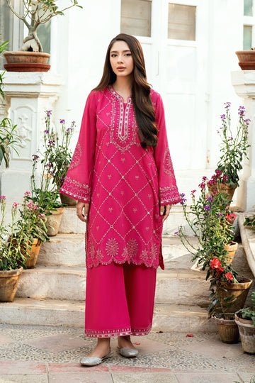 Dhanak | SWISS VOILE | PINK SWISS VOILE 2PCS EMBROIDERED KURTA WITH TROUSER - House Of Hania