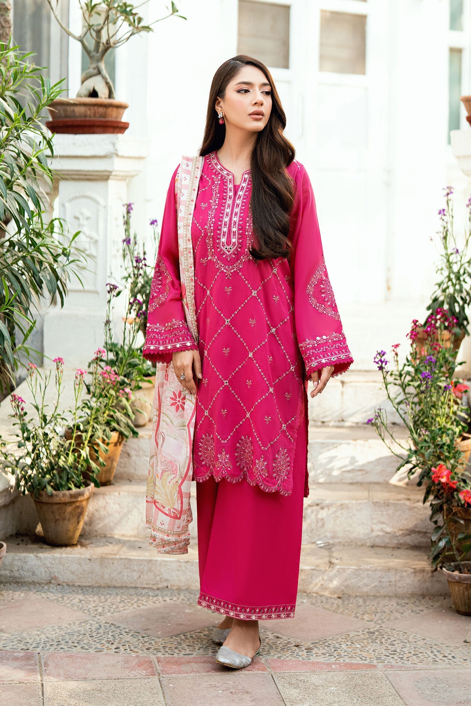 Dhanak | SWISS VOILE | PINK SWISS VOILE 2PCS EMBROIDERED KURTA WITH TROUSER - House Of Hania