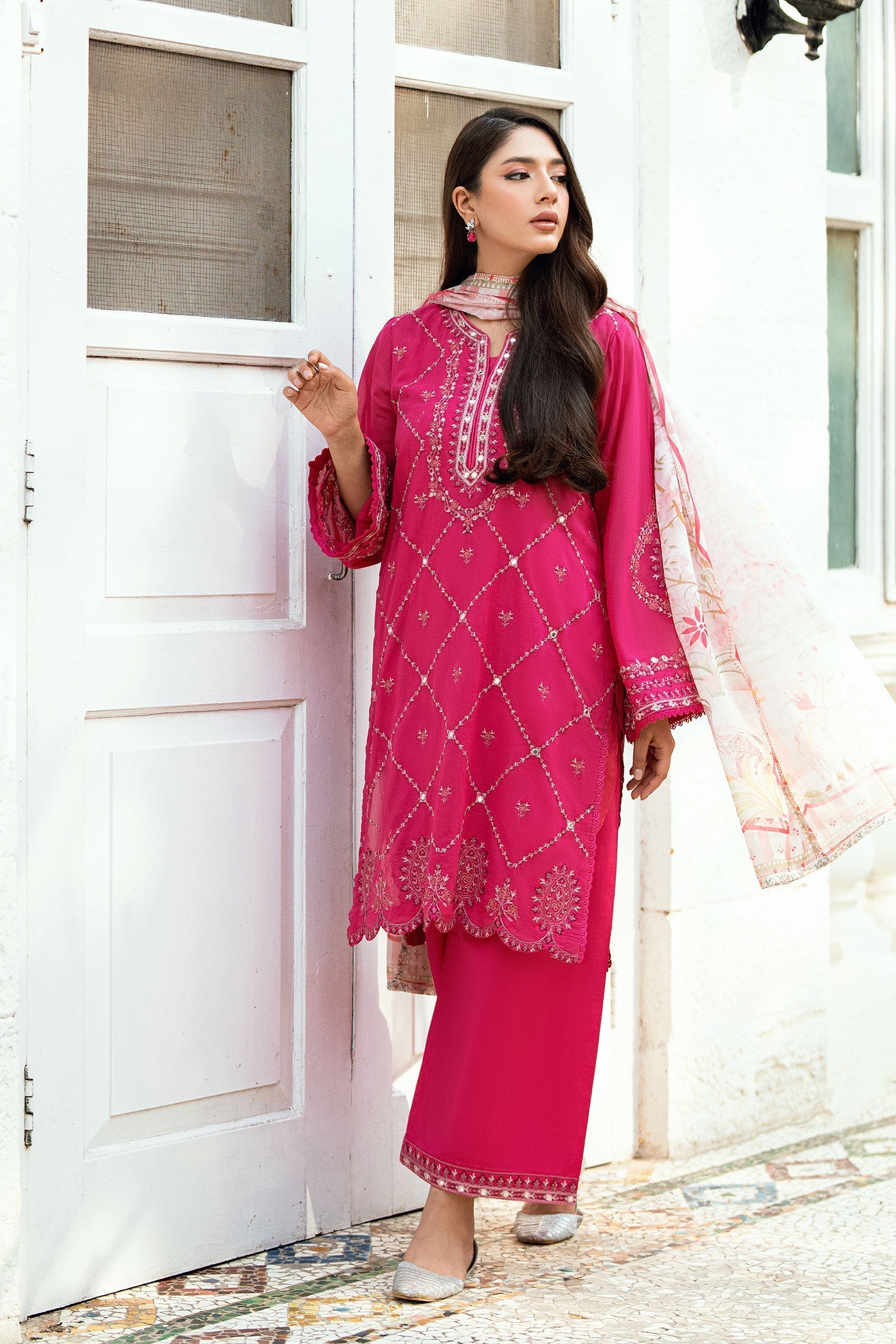 Dhanak | SWISS VOILE | PINK SWISS VOILE 2PCS EMBROIDERED KURTA WITH TROUSER - House Of Hania