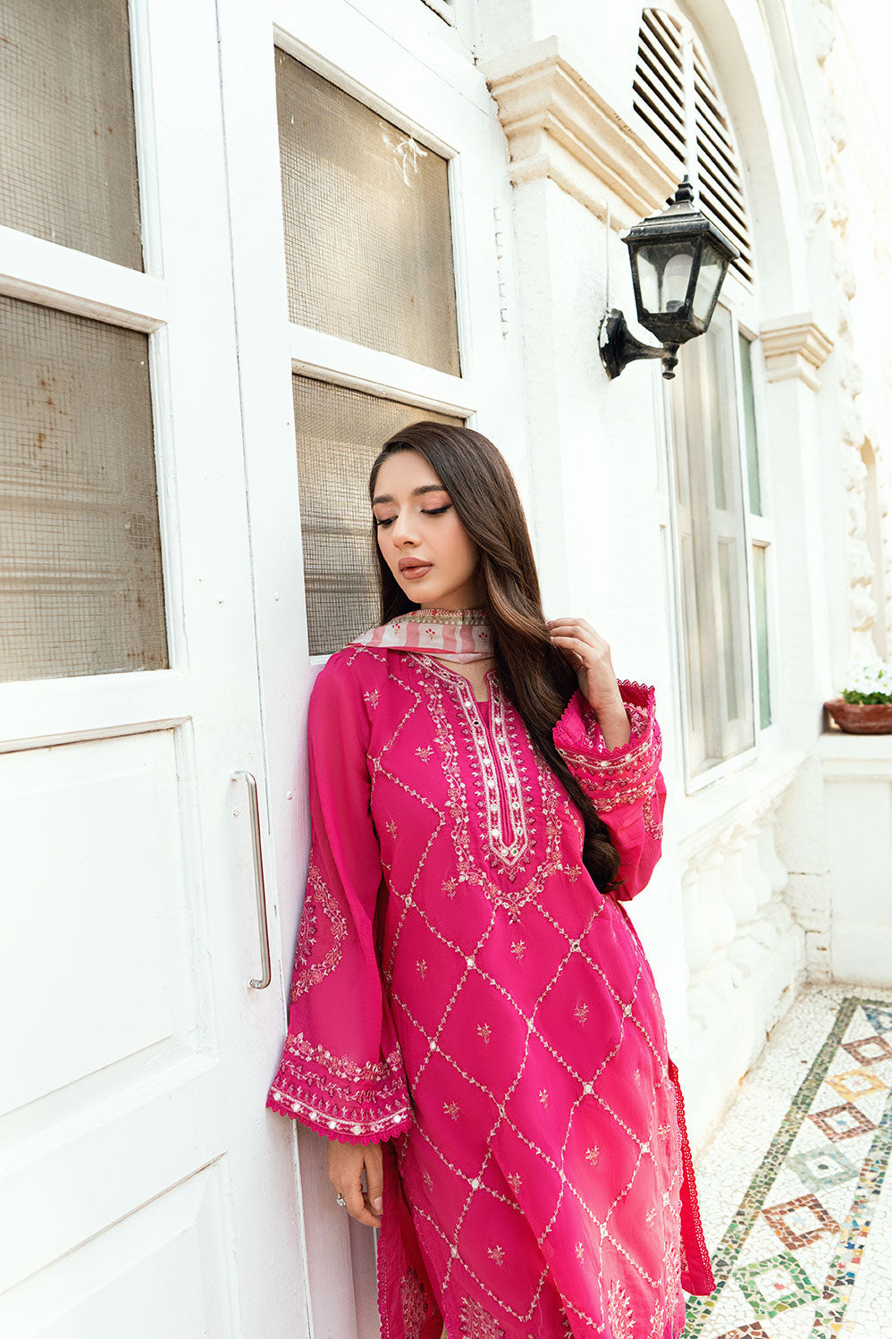Dhanak | SWISS VOILE | PINK SWISS VOILE 2PCS EMBROIDERED KURTA WITH TROUSER - House Of Hania