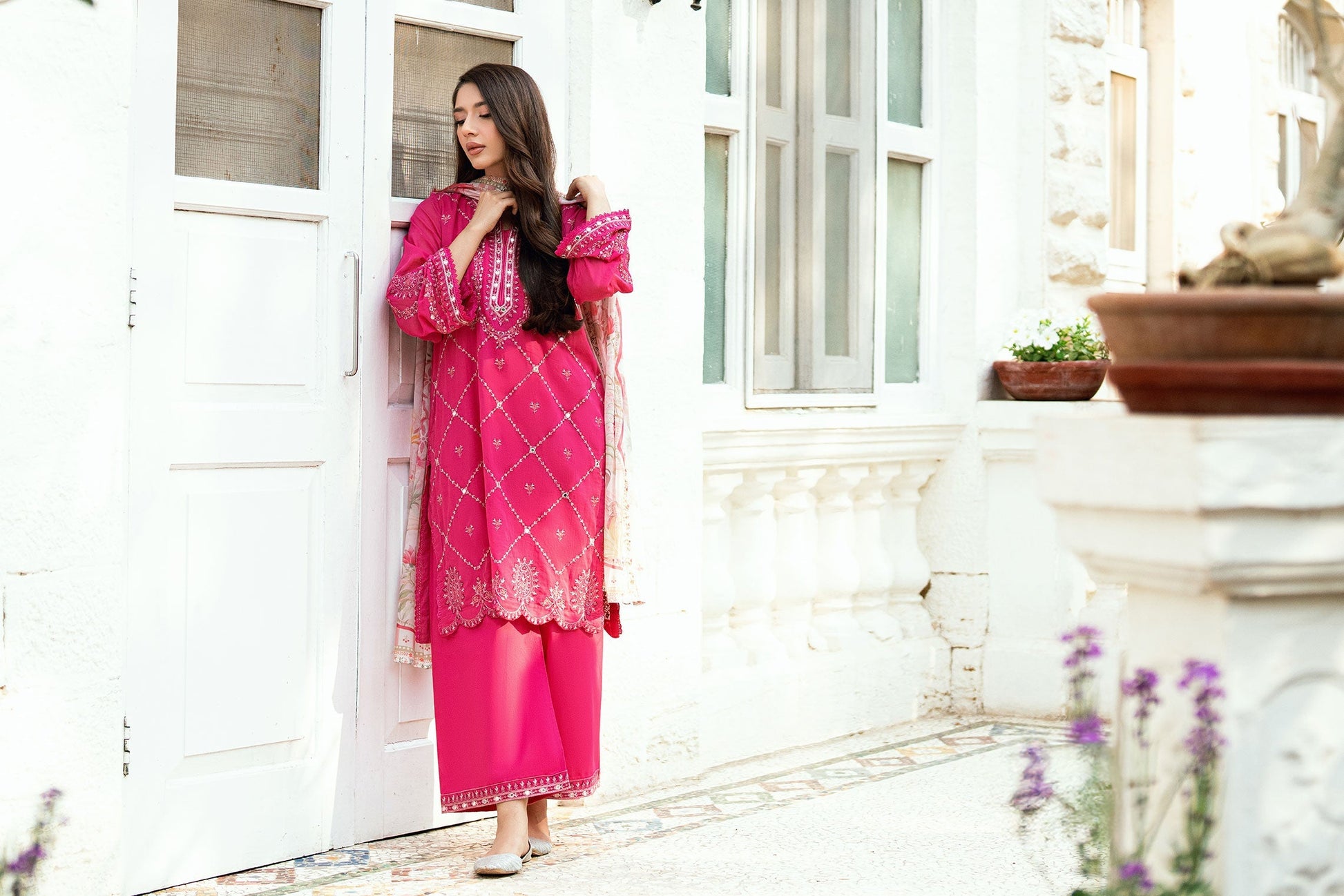 Dhanak | SWISS VOILE | PINK SWISS VOILE 2PCS EMBROIDERED KURTA WITH TROUSER - House Of Hania