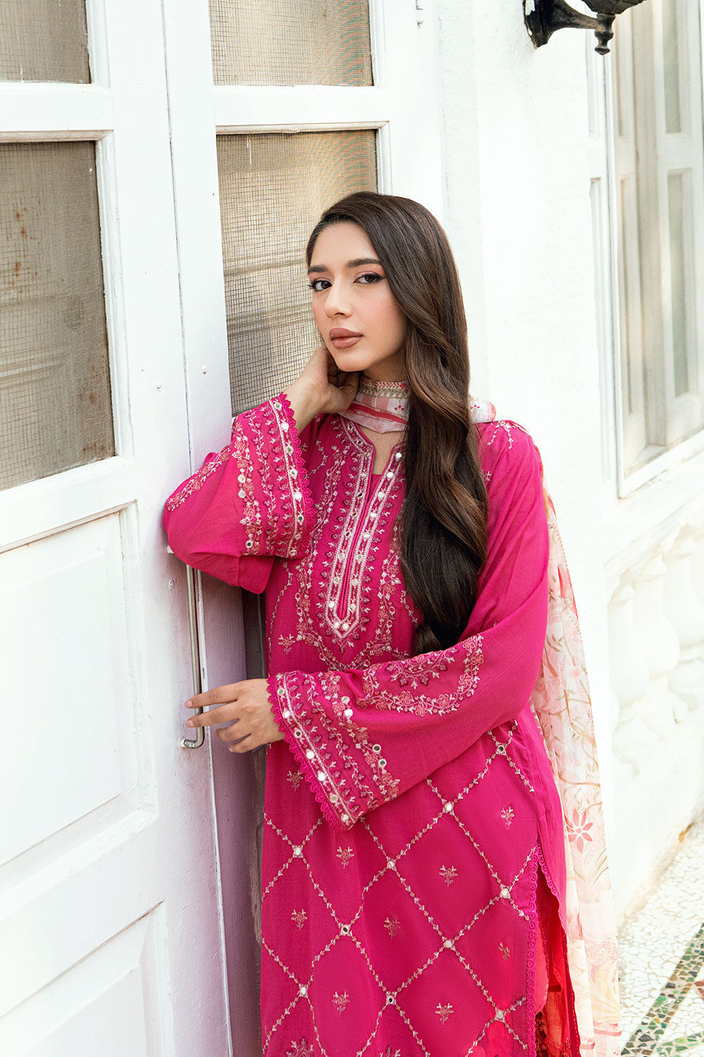 Dhanak | SWISS VOILE | PINK SWISS VOILE 2PCS EMBROIDERED KURTA WITH TROUSER - House Of Hania
