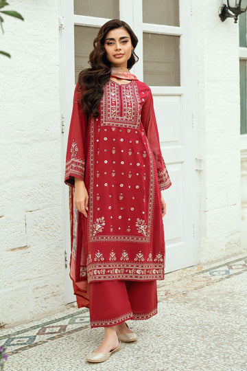 Dhanak | SWISS VOILE | RED SWISS VOILE 2PCS EMBROIDERED KURTA WITH TROUSER - House Of Hania