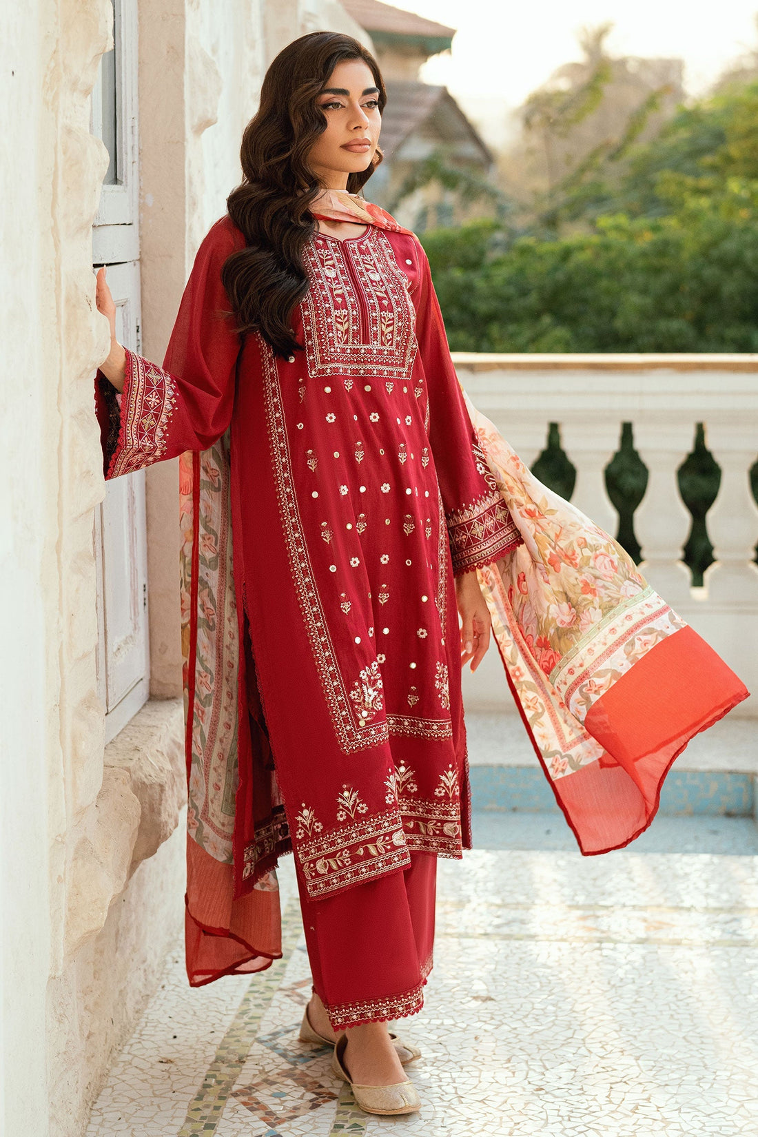 Dhanak | SWISS VOILE | RED SWISS VOILE 2PCS EMBROIDERED KURTA WITH TROUSER - House Of Hania