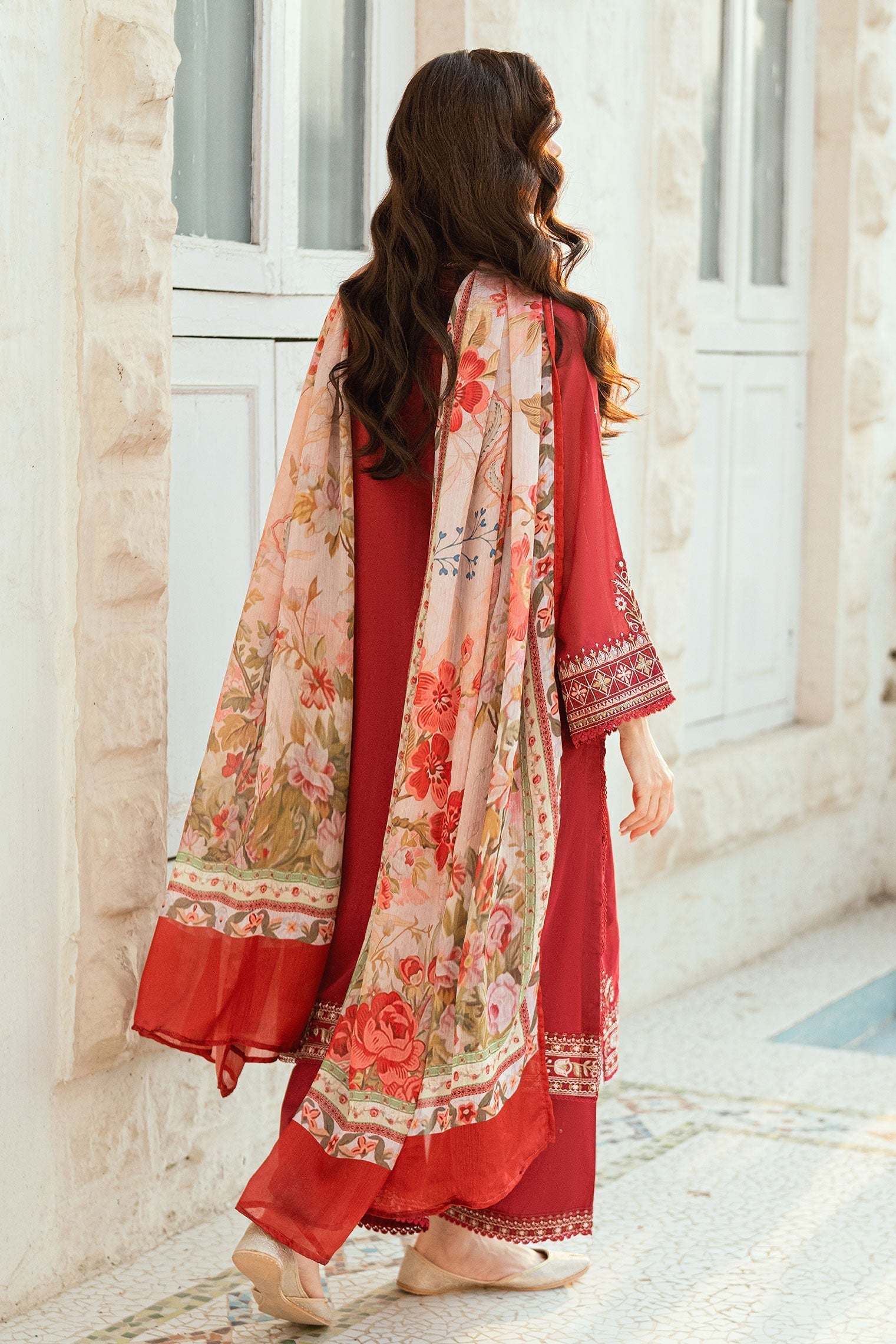 Dhanak | SWISS VOILE | RED SWISS VOILE 2PCS EMBROIDERED KURTA WITH TROUSER - House Of Hania