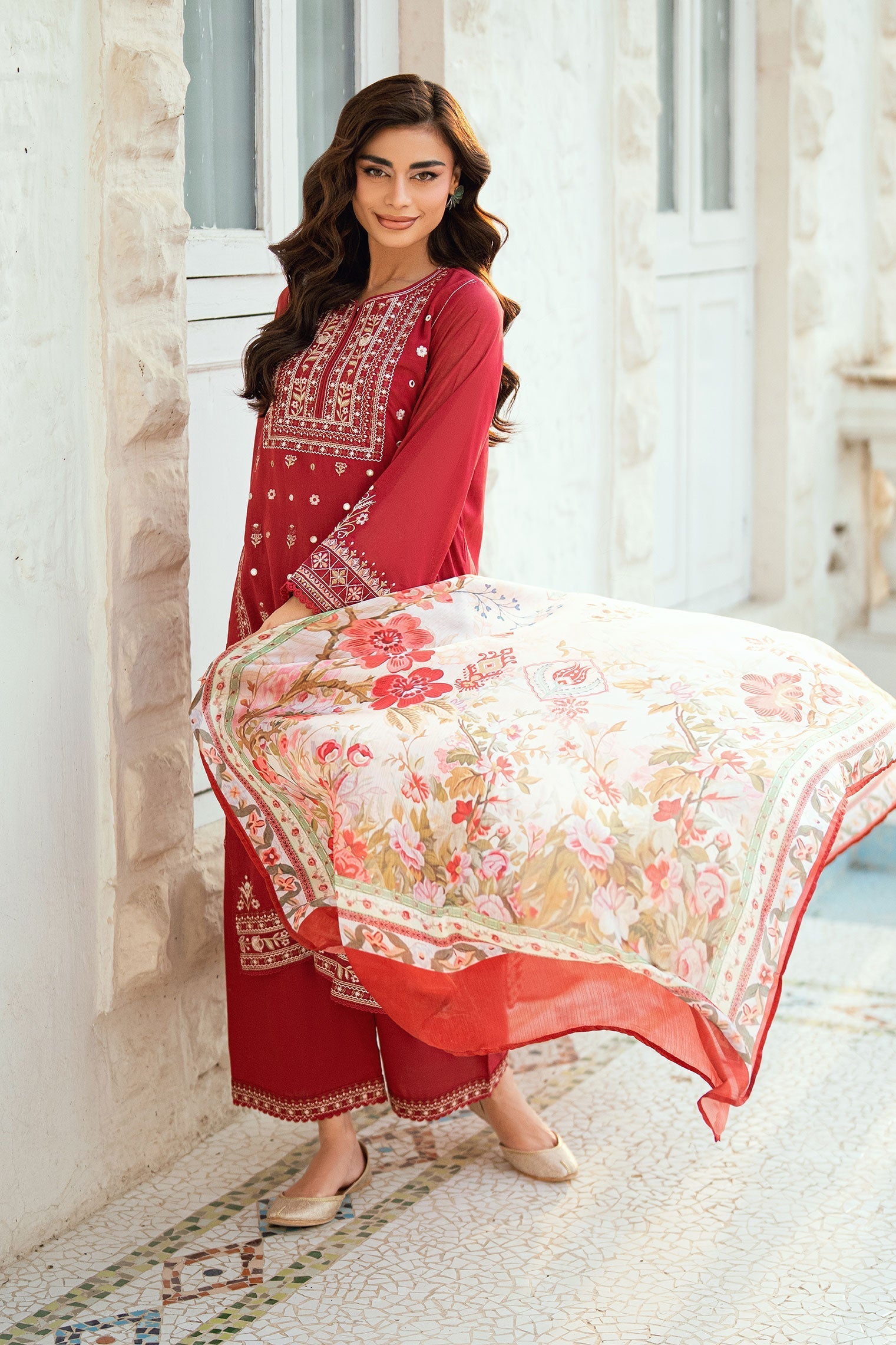 Dhanak | SWISS VOILE | RED SWISS VOILE 2PCS EMBROIDERED KURTA WITH TROUSER - House Of Hania