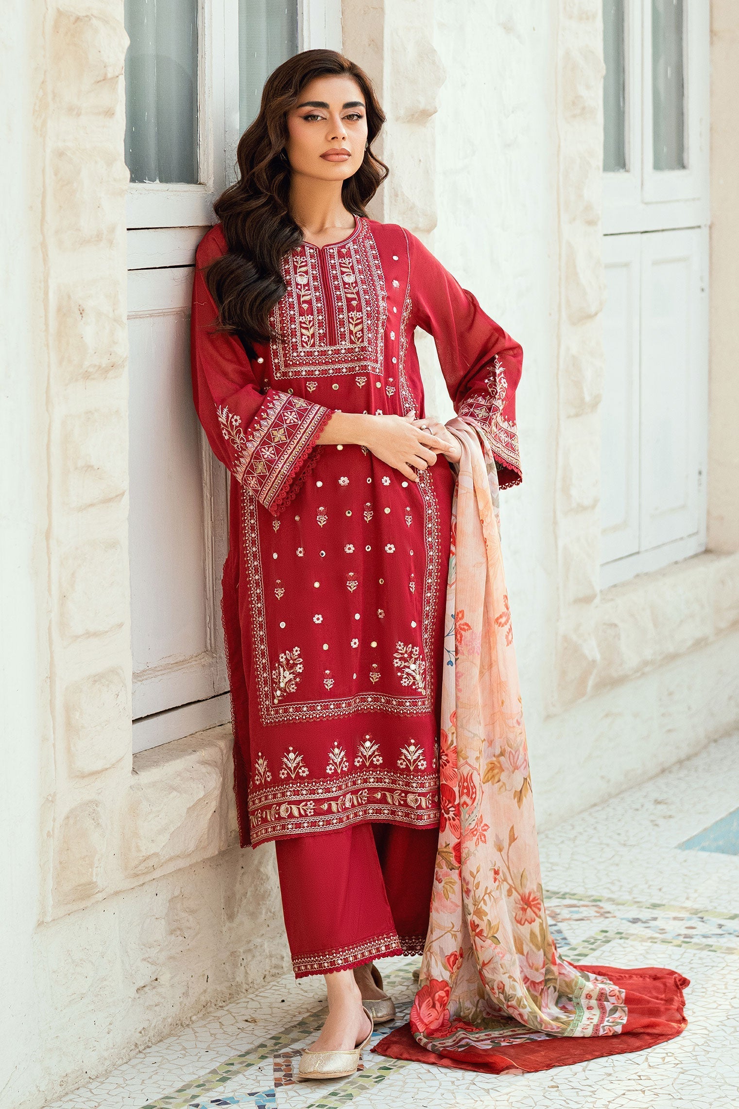 Dhanak | SWISS VOILE | RED SWISS VOILE 2PCS EMBROIDERED KURTA WITH TROUSER - House Of Hania