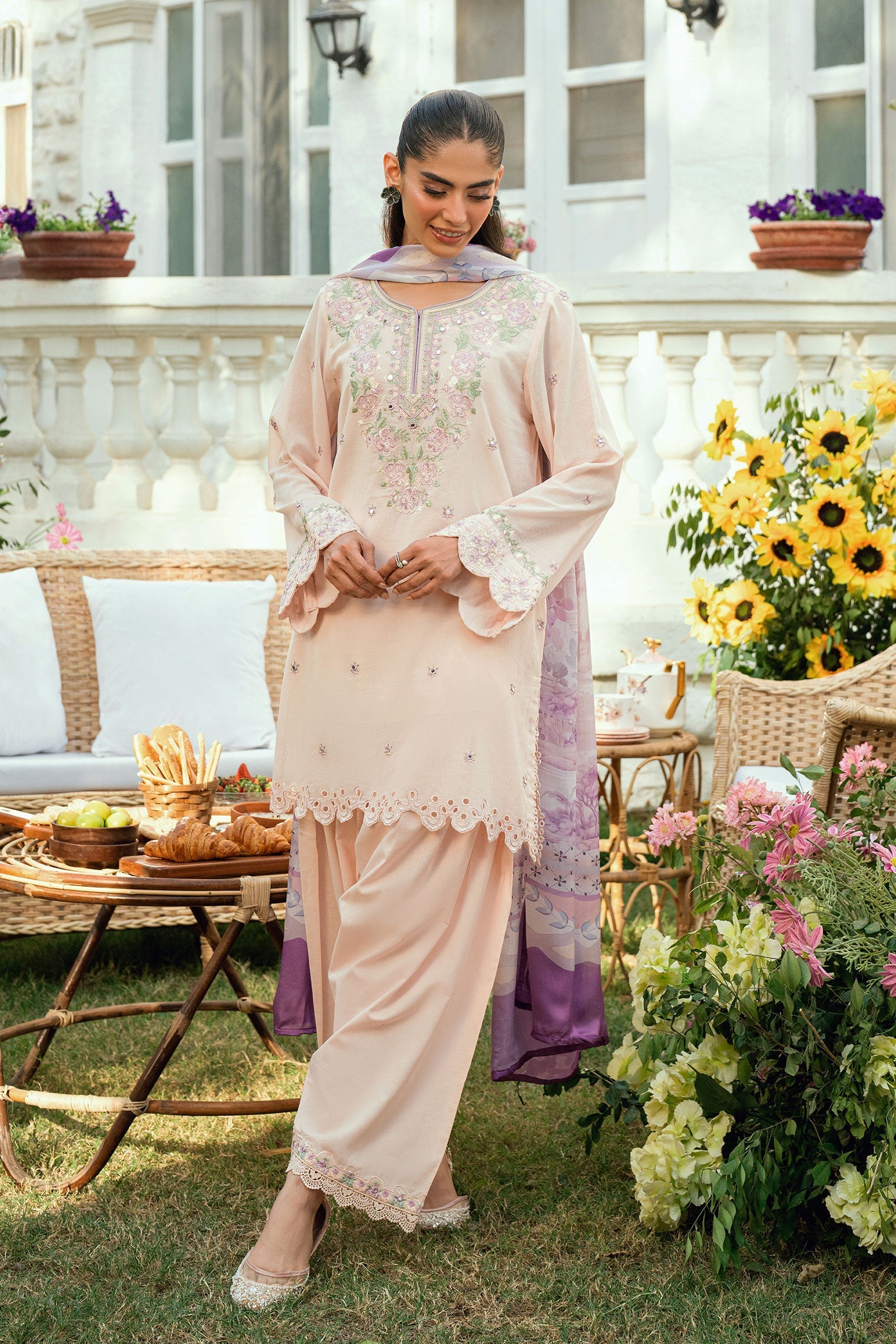 Dhanak | SWISS VOILE | SS25DC-2576 PINK SWISS VOILE 2PCS EMBROIDERED KURTA WITH TROUSER - House Of Hania