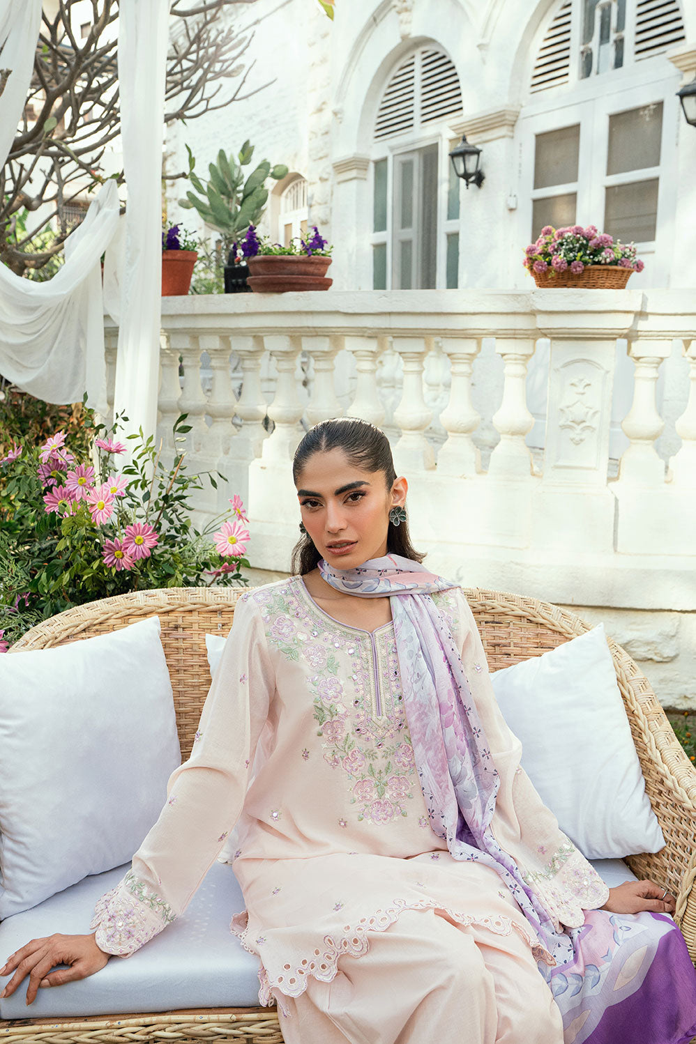 Dhanak | SWISS VOILE | SS25DC-2576 PINK SWISS VOILE 2PCS EMBROIDERED KURTA WITH TROUSER - House Of Hania