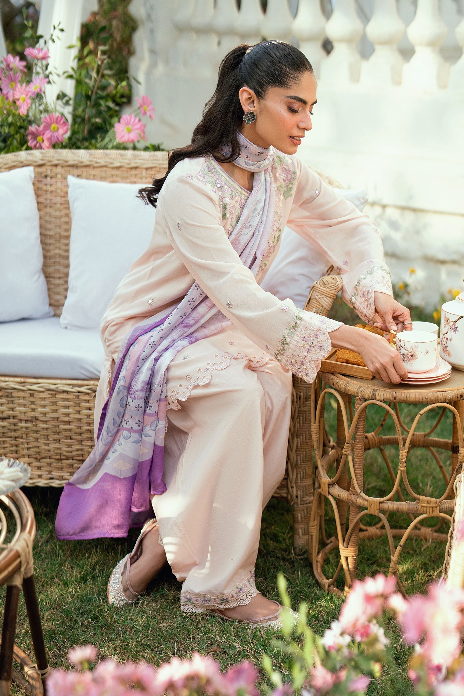 Dhanak | SWISS VOILE | SS25DC-2576 PINK SWISS VOILE 2PCS EMBROIDERED KURTA WITH TROUSER - House Of Hania
