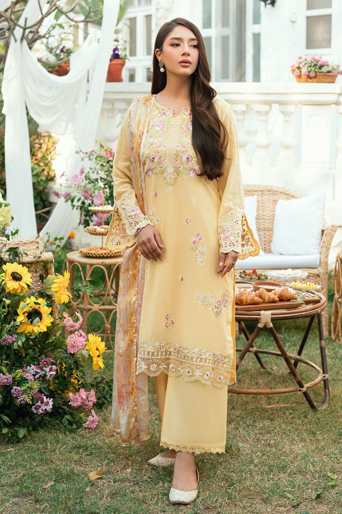 Dhanak | SWISS VOILE | YELLOW SWISS VOILE 2PCS EMBROIDERED KURTA WITH TROUSER - House Of Hania
