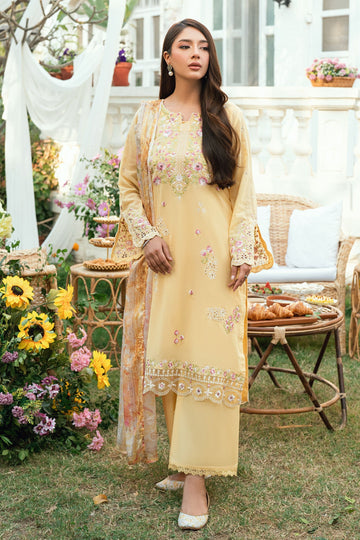 Dhanak | SWISS VOILE | YELLOW SWISS VOILE 2PCS EMBROIDERED KURTA WITH TROUSER - House Of Hania