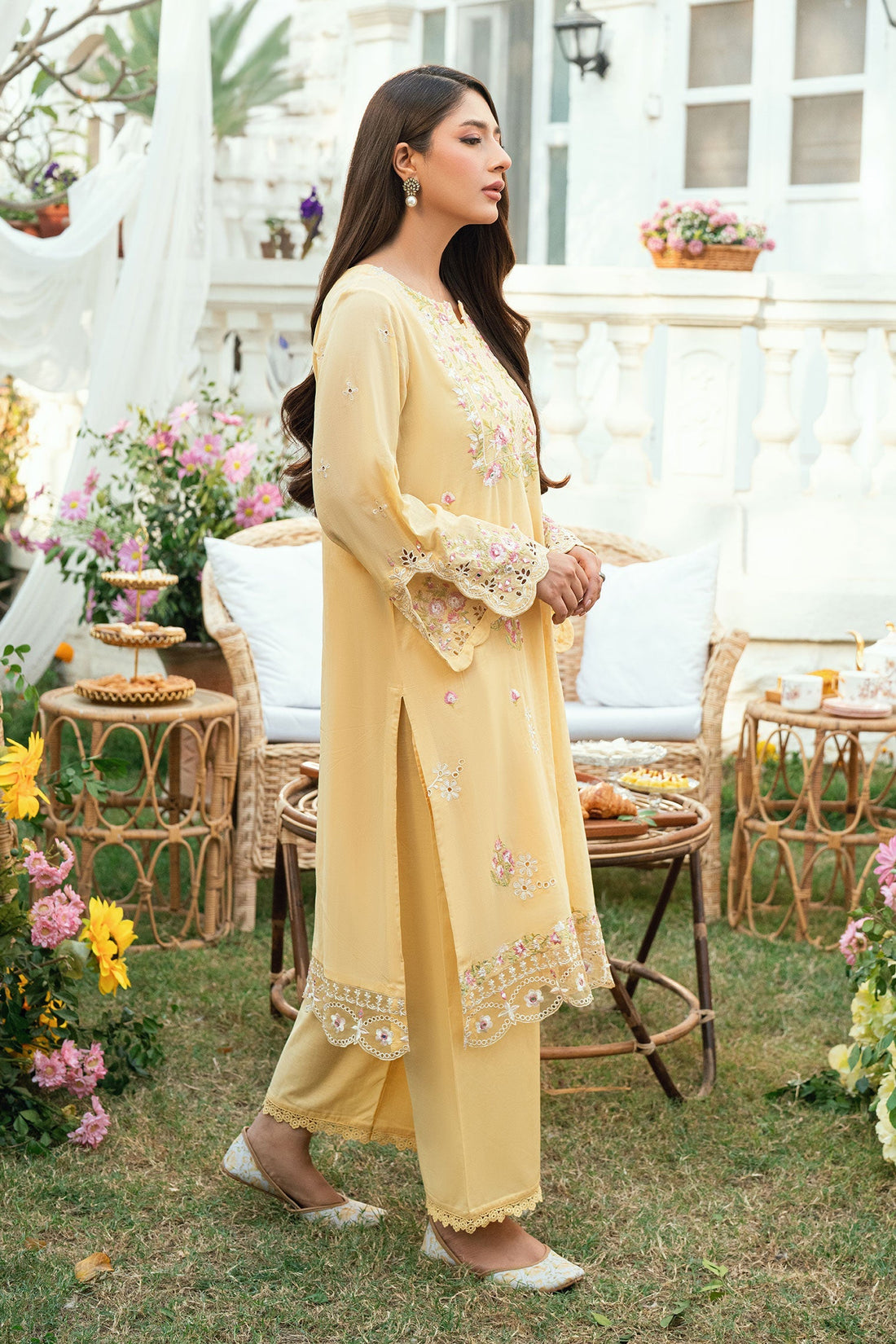 Dhanak | SWISS VOILE | YELLOW SWISS VOILE 2PCS EMBROIDERED KURTA WITH TROUSER - House Of Hania