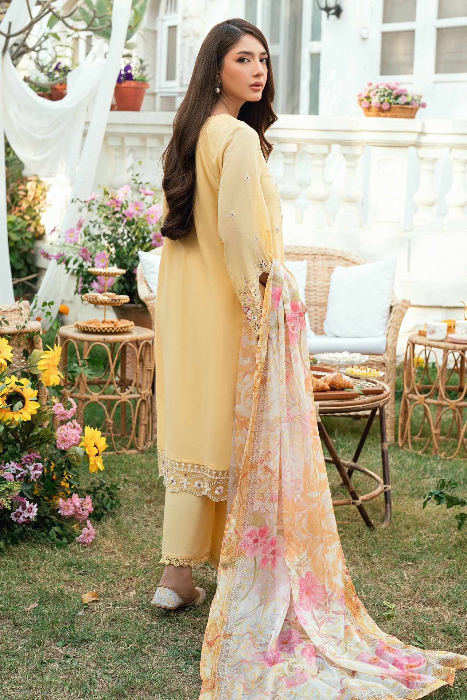 Dhanak | SWISS VOILE | YELLOW SWISS VOILE 2PCS EMBROIDERED KURTA WITH TROUSER - House Of Hania