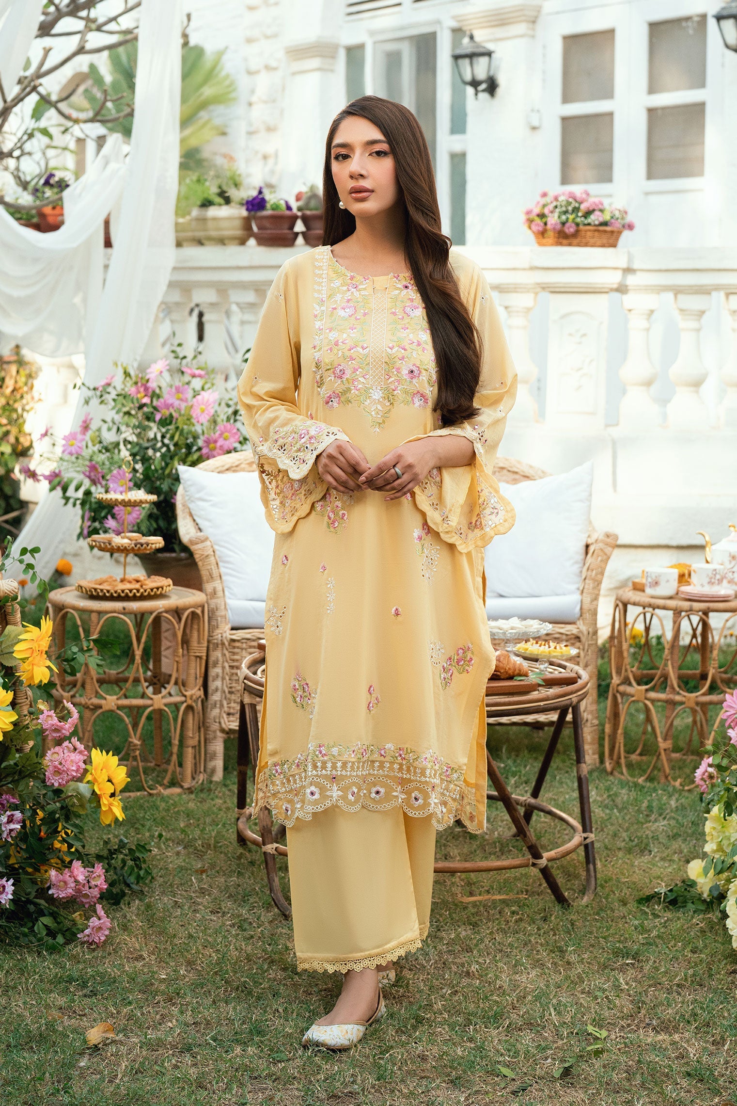 Dhanak | SWISS VOILE | YELLOW SWISS VOILE 2PCS EMBROIDERED KURTA WITH TROUSER - House Of Hania