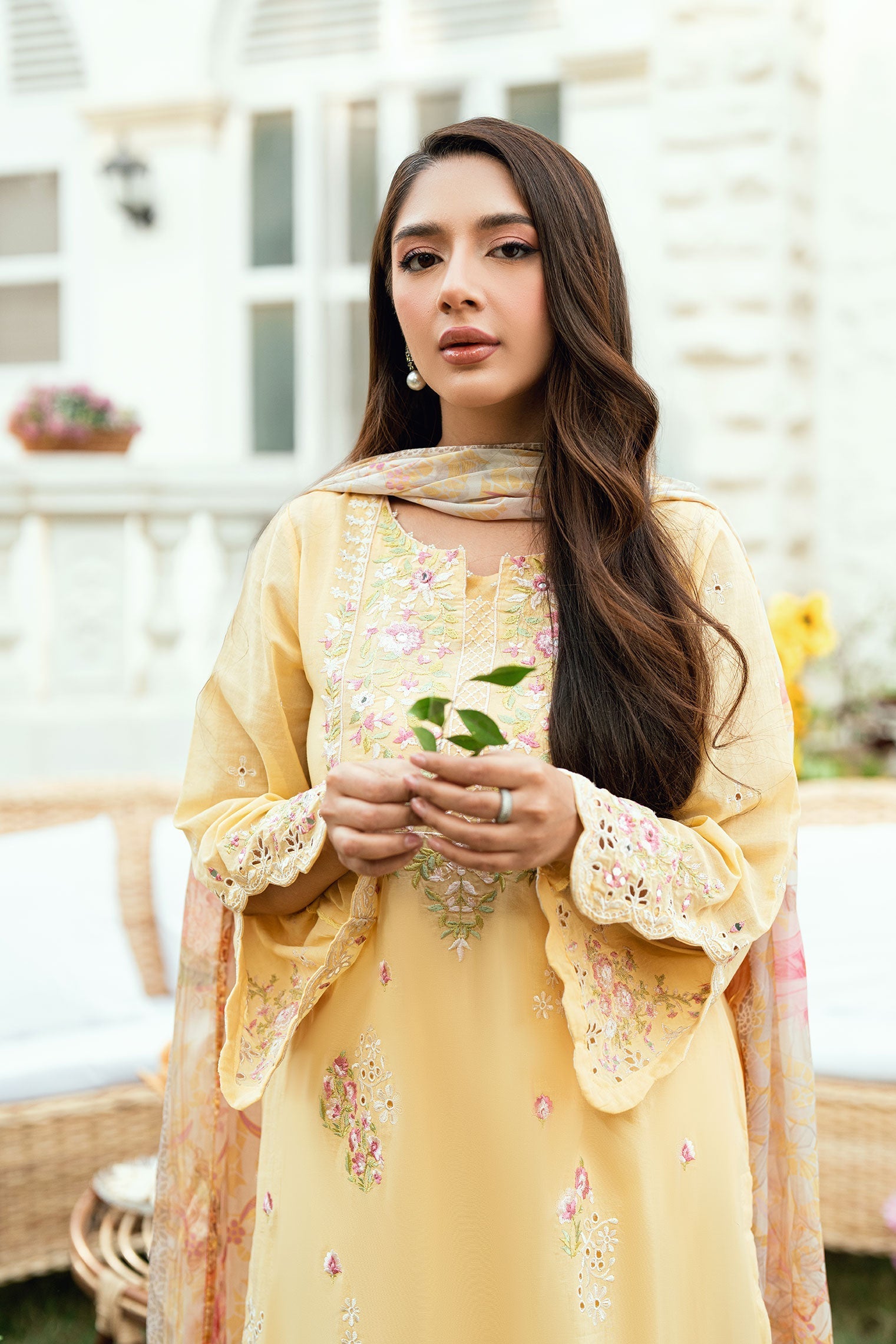 Dhanak | SWISS VOILE | YELLOW SWISS VOILE 2PCS EMBROIDERED KURTA WITH TROUSER - House Of Hania
