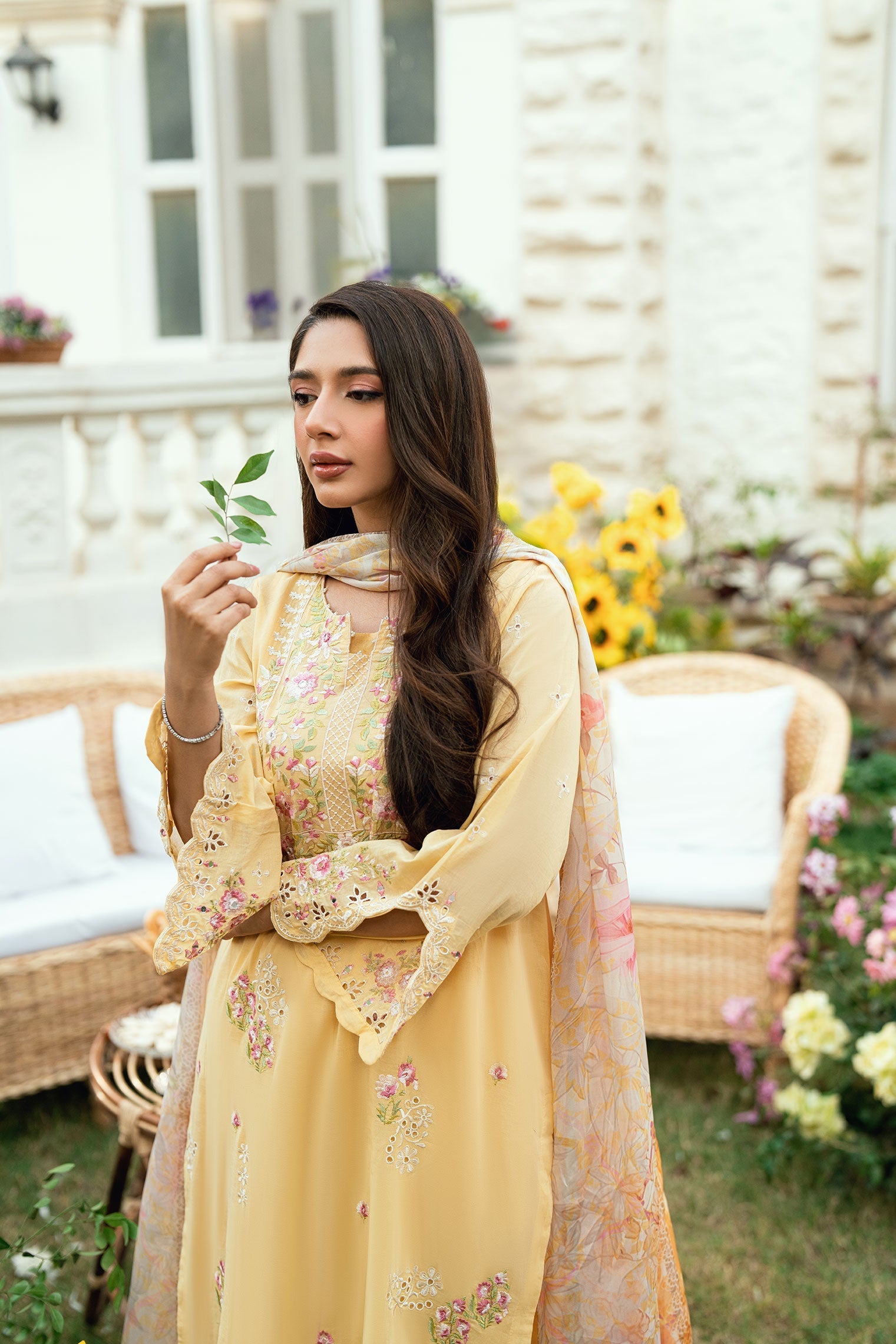 Dhanak | SWISS VOILE | YELLOW SWISS VOILE 2PCS EMBROIDERED KURTA WITH TROUSER - House Of Hania