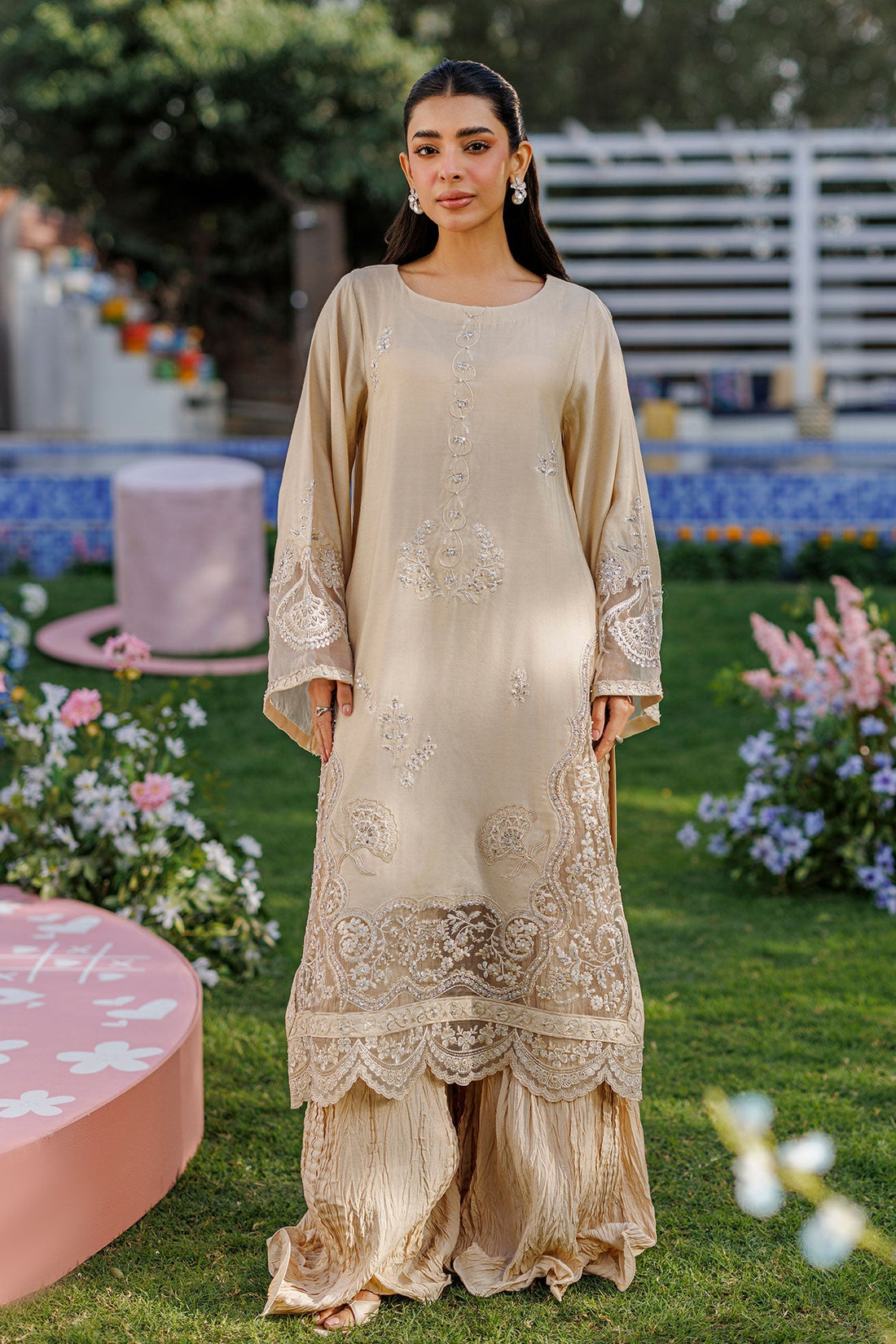 Dhanak | Signature Pret | BEIGE 2PCS EMBROIDERED KURTA WITH TROUSER - House Of Hania
