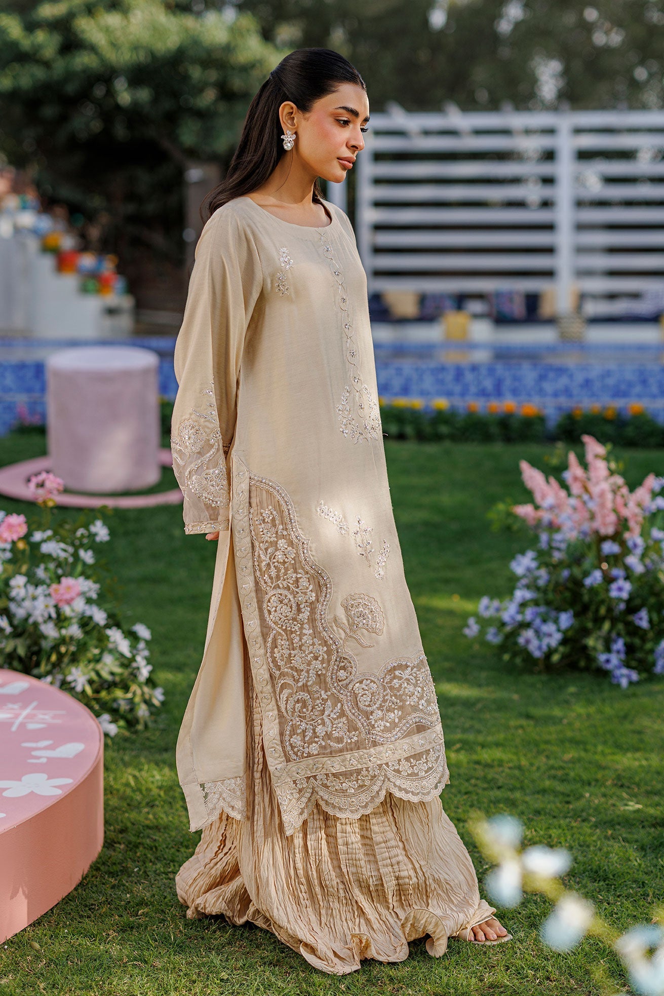 Dhanak | Signature Pret | BEIGE 2PCS EMBROIDERED KURTA WITH TROUSER - House Of Hania