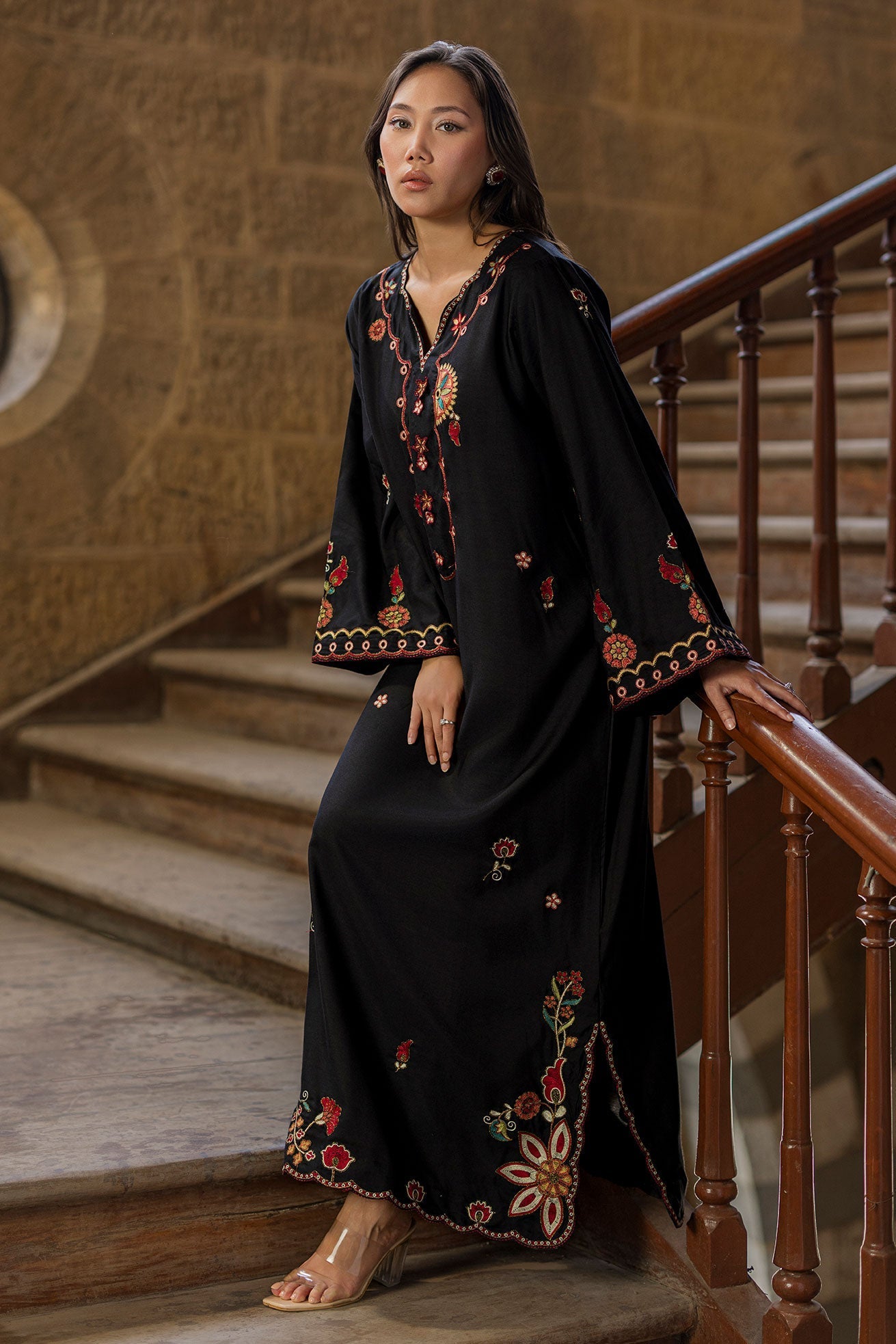 Dhanak | Signature Pret | BLACK - 1PCS - EMBROIDERED KAFTAN - House Of Hania