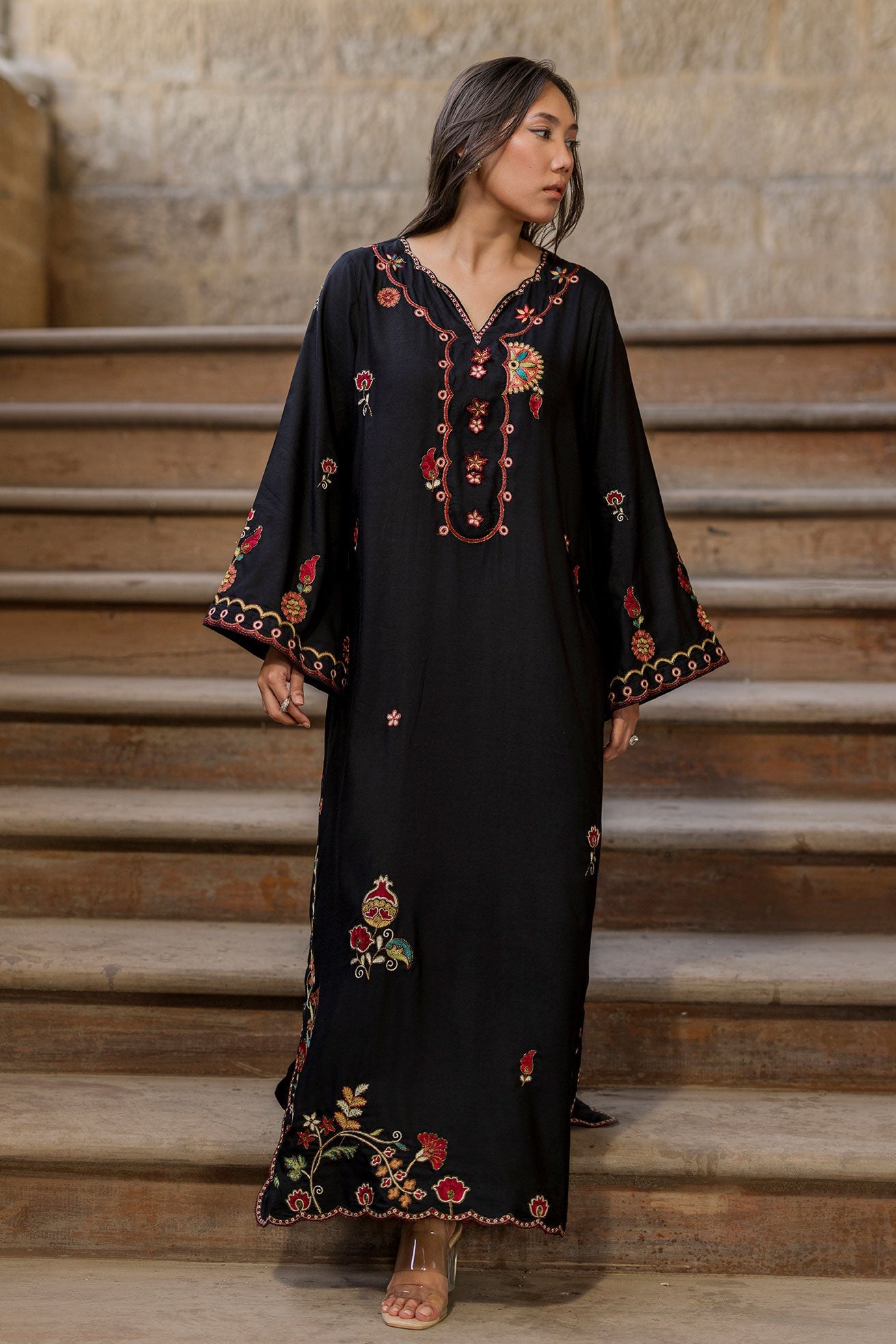 Dhanak | Signature Pret | BLACK - 1PCS - EMBROIDERED KAFTAN - House Of Hania