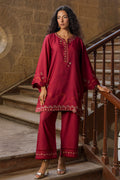 Dhanak | Signature Pret | MAROON 2PCS EMBROIDERED KURTA WITH TROUSER - House Of Hania