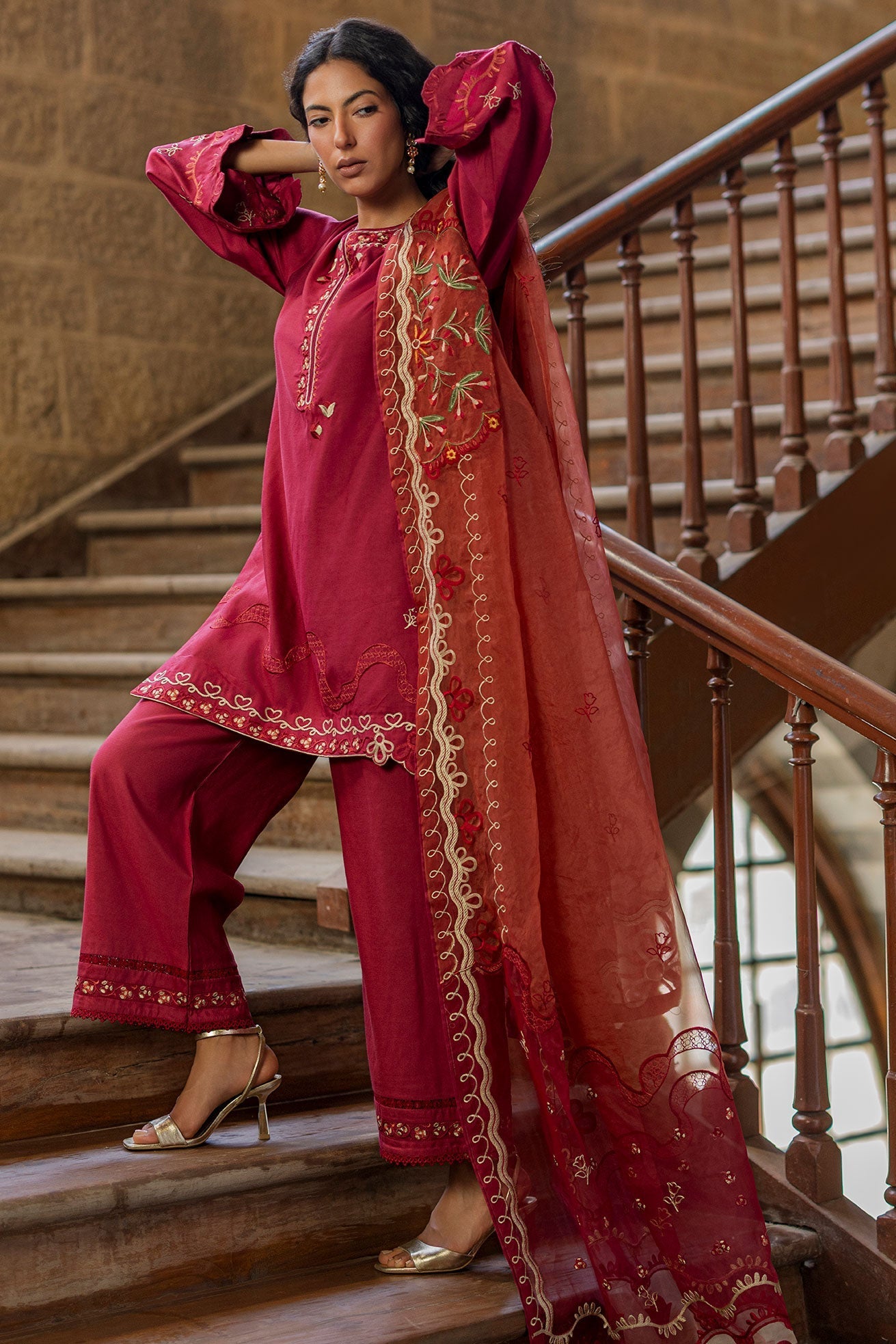 Dhanak | Signature Pret | MAROON 2PCS EMBROIDERED KURTA WITH TROUSER - House Of Hania