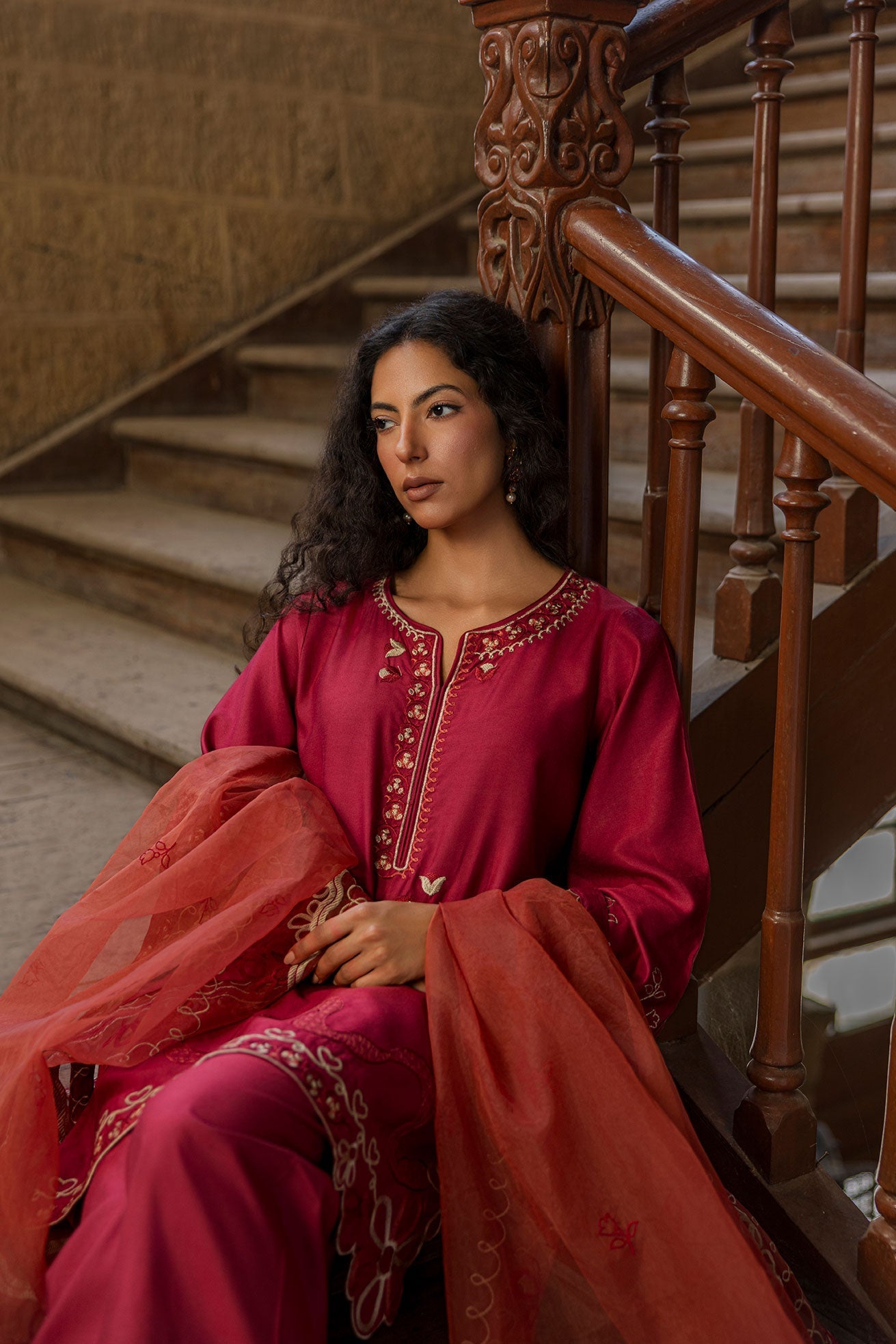 Dhanak | Signature Pret | MAROON 2PCS EMBROIDERED KURTA WITH TROUSER - House Of Hania