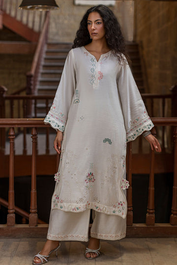 Dhanak | Signature Pret | OFF-WHITE 2PCS EMBROIDERED KURTA WITH TROUSER - House Of Hania