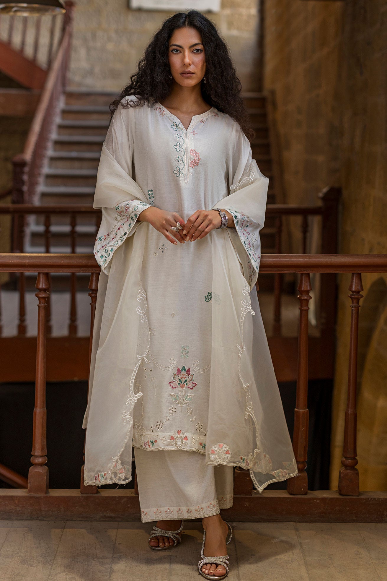 Dhanak | Signature Pret | OFF-WHITE 2PCS EMBROIDERED KURTA WITH TROUSER - House Of Hania