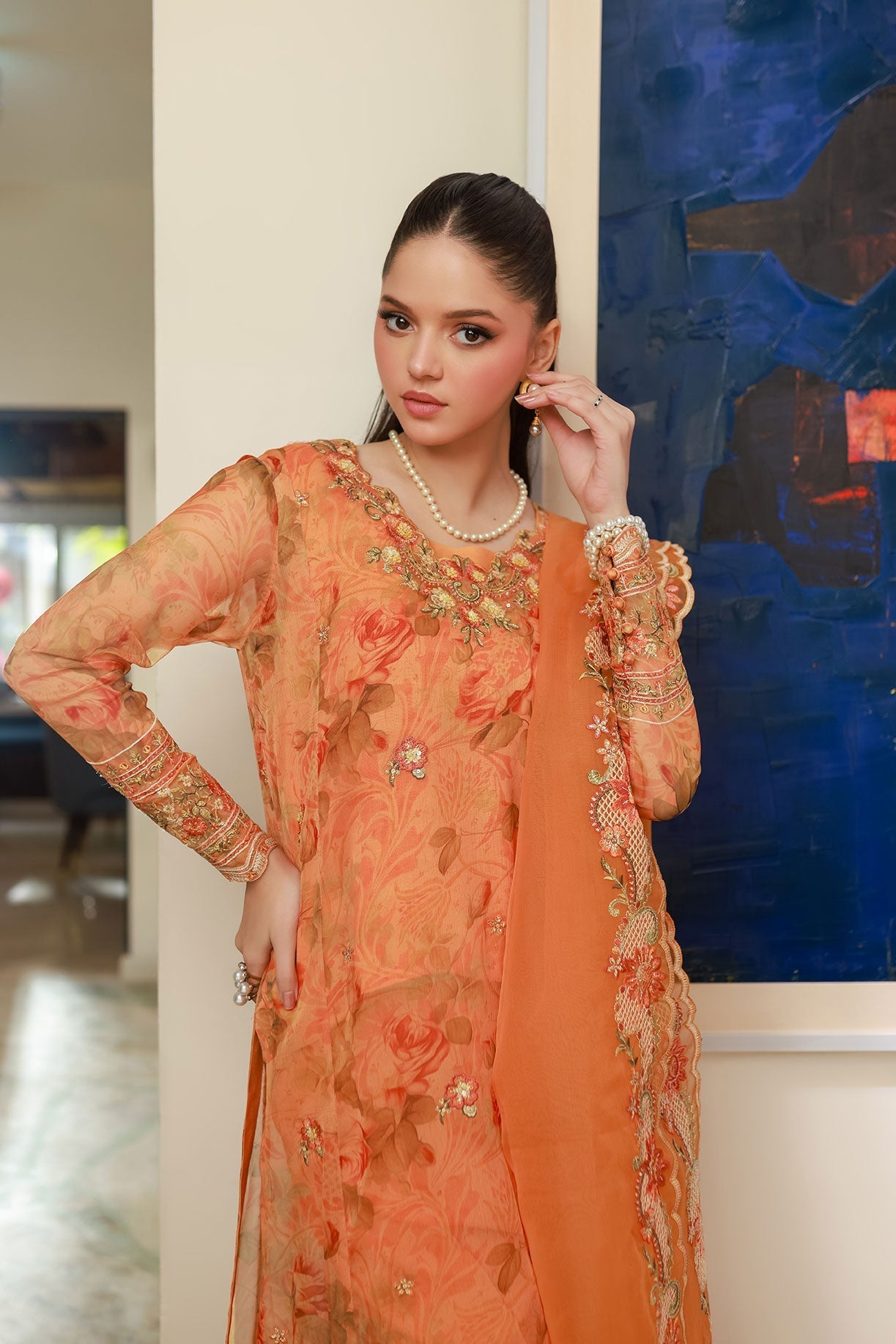 Dhanak | Signature Pret | ORANGE 2PCS EMBROIDERED KURTA WITH TROUSER - House Of Hania