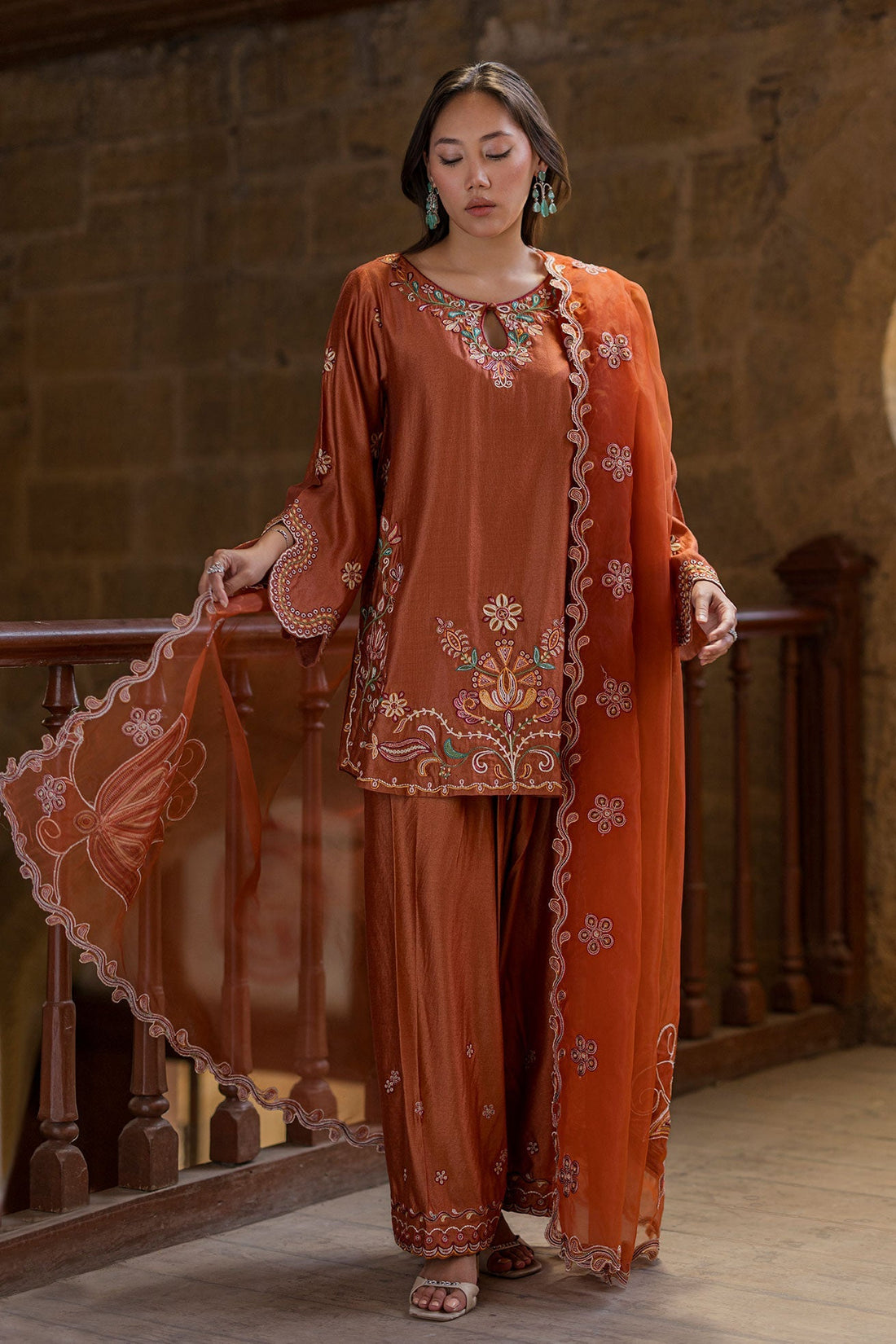Dhanak | Signature Pret | RUST 2PCS EMBROIDERED KURTA WITH TROUSER - House Of Hania