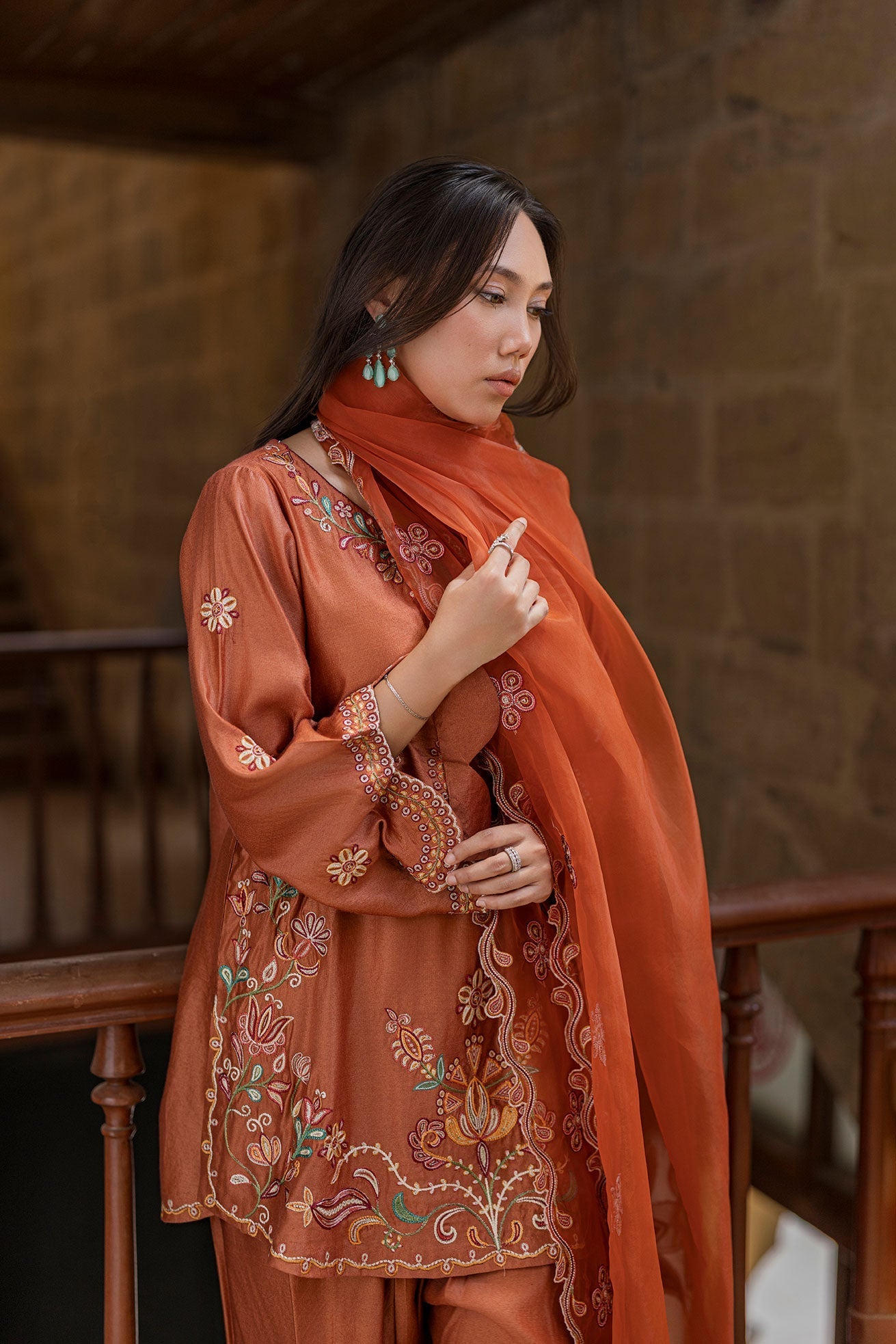 Dhanak | Signature Pret | RUST 2PCS EMBROIDERED KURTA WITH TROUSER - House Of Hania