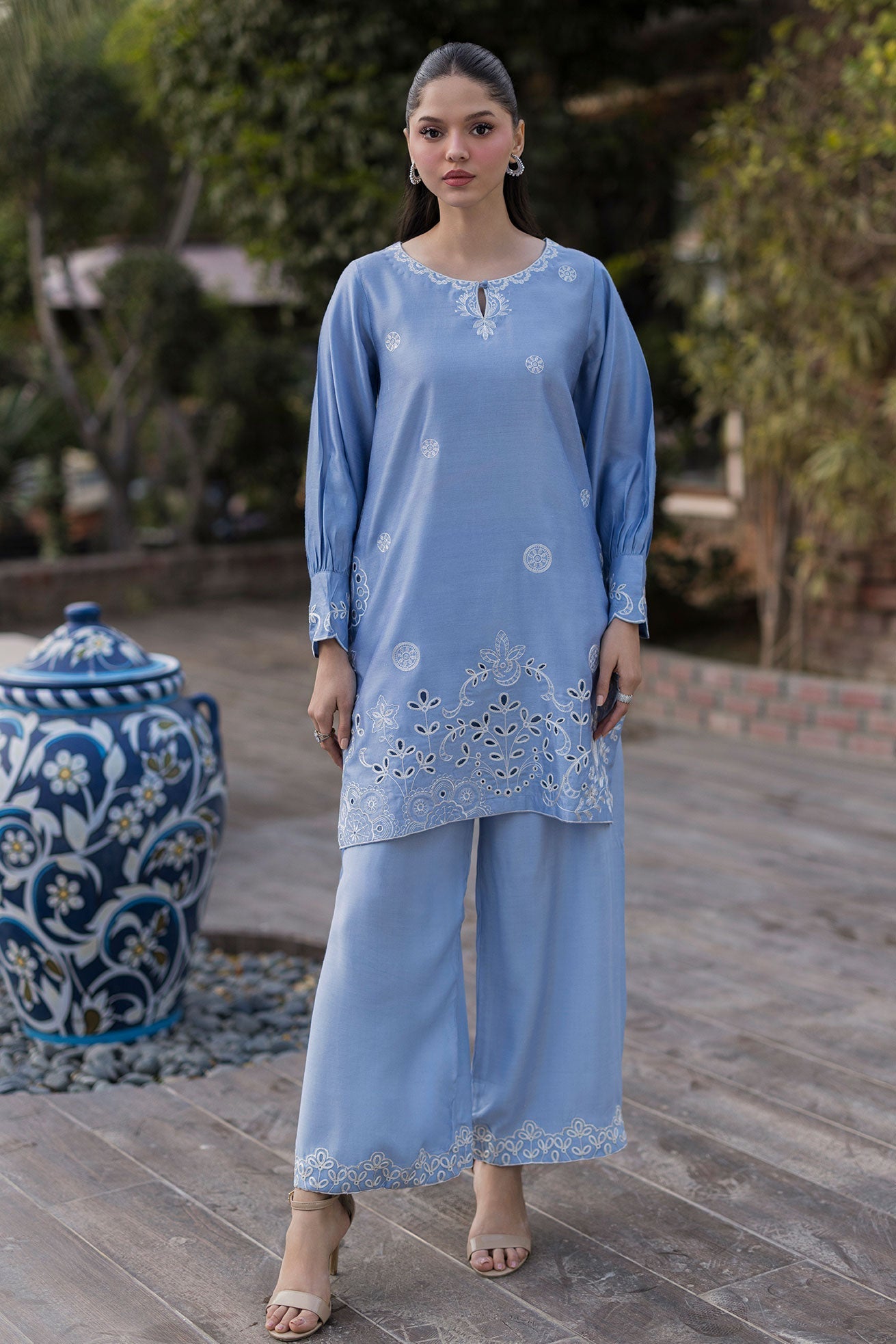 Dhanak | Signature Pret | SKY BLUE 2PCS EMBROIDERED KURTA WITH TROUSER - House Of Hania