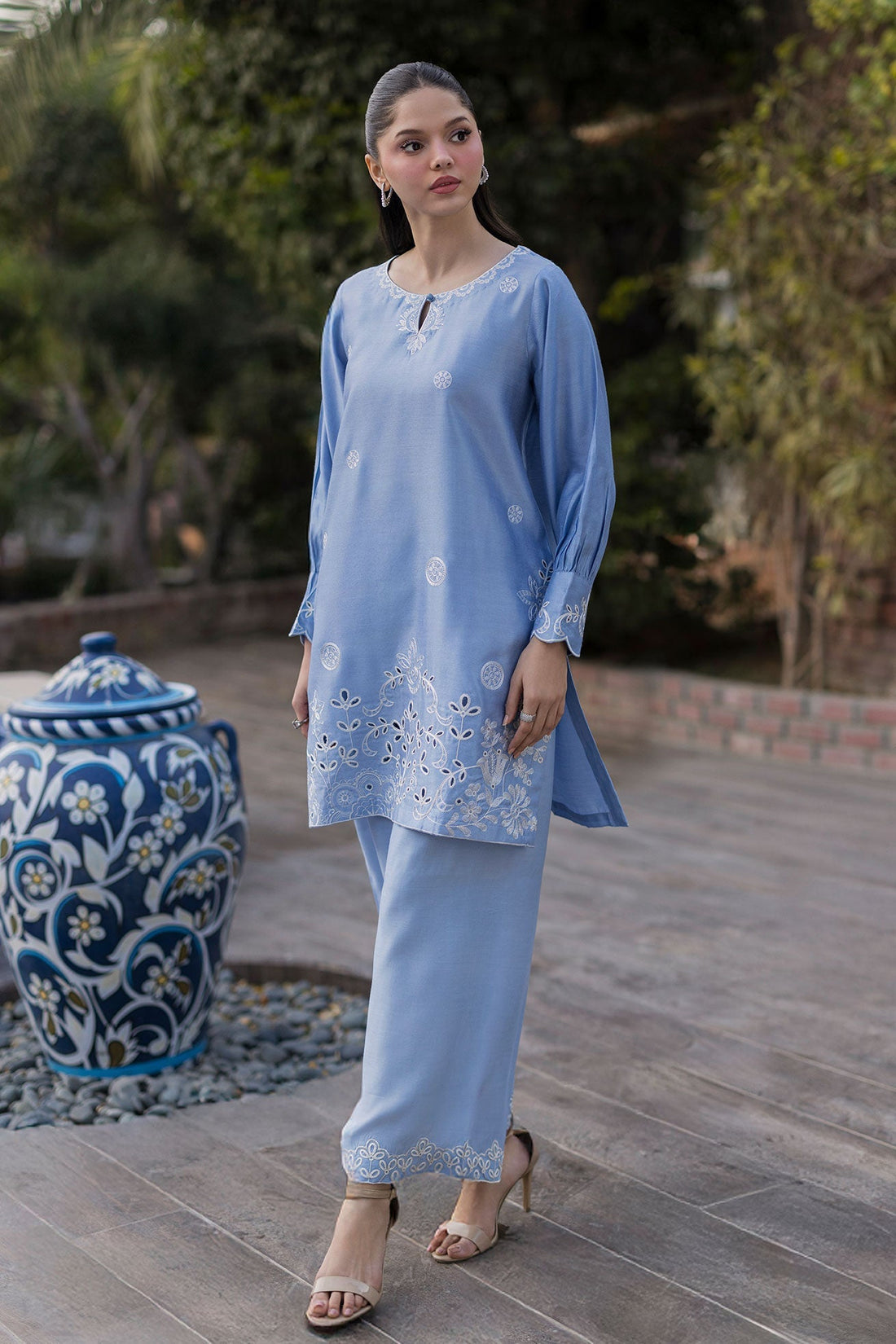Dhanak | Signature Pret | SKY BLUE 2PCS EMBROIDERED KURTA WITH TROUSER - House Of Hania