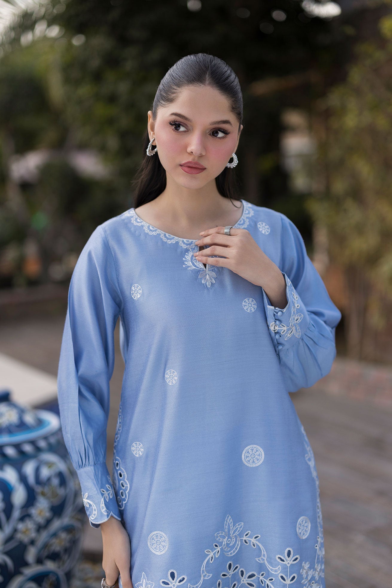 Dhanak | Signature Pret | SKY BLUE 2PCS EMBROIDERED KURTA WITH TROUSER - House Of Hania