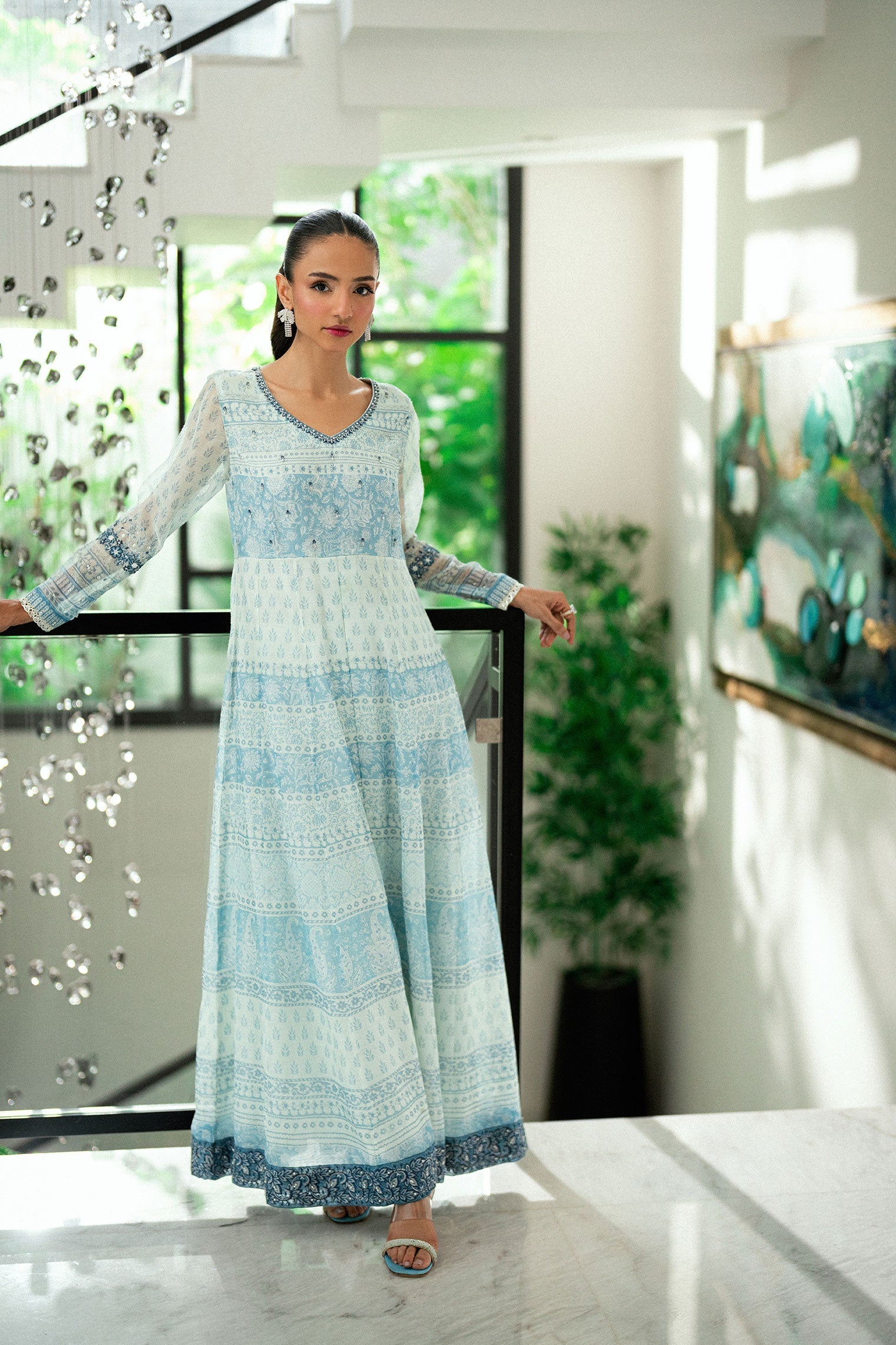 Dhanak | Signature Pret | SKY BLUE 2PCS EMBROIDERED PISHWAS WITH TROUSER - House Of Hania